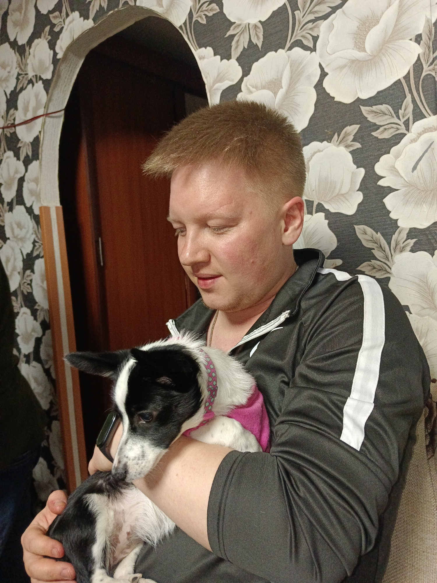 An adult male with short, light brown hair is seated indoors, holding a small, black-and-white dog. The male wears a black track jacket featuring a white vertical stripe on the right side. His eyes are mostly closed, and his mouth is slightly open. The dog, wearing a pink patterned collar and a pink garment, has its snout in contact with the male's right forearm. A dark-colored band, consistent with a smartwatch, is visible on the male's right wrist. The background wall is covered in dark grey wallpaper patterned with large white flowers. An arched doorway to the left reveals a darker interior space containing a brown wooden door. A thin red wire traverses the upper left portion of the archway. This scene is located in a residential interior in the city of Ольховка, Russia.