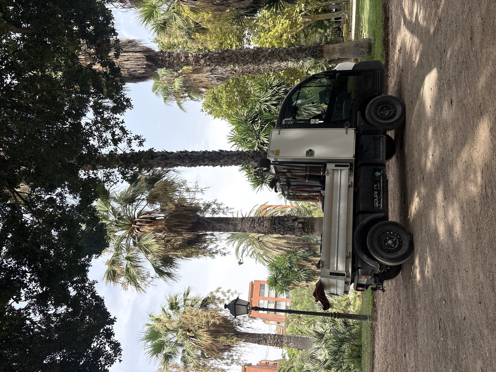 The image depicts a small, white electric utility truck, identified by the logo "GOUPIL" on its side, parked on a dirt path within a park setting. The truck has a cargo bed filled with gardening tools, including rakes and shovels. In the background, several tall palm trees, lush green foliage, and a red brick building are visible, suggesting an urban park environment. The sky is partly cloudy. A vintage-style lamppost stands to the left of the truck. The scene appears to be in Valencia, Spain, given the architectural style of the building and the presence of palm trees. No people are present in the frame.