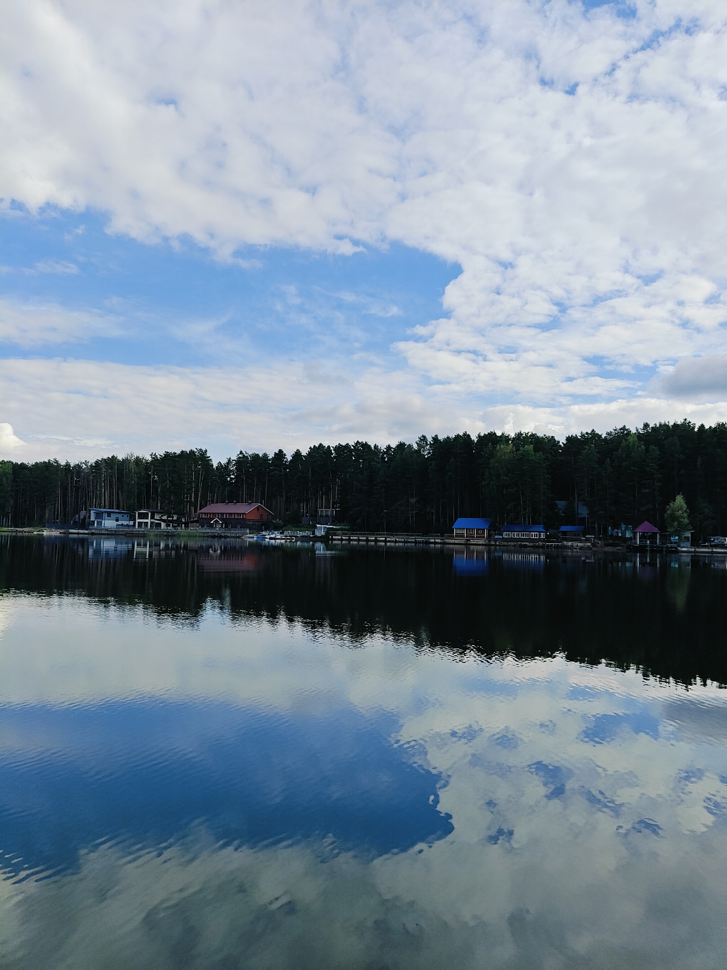 The image depicts a serene natural landscape featuring a body of water reflecting a tree-lined shore and a cloudy sky. The foreground is dominated by the calm surface of the water, with ripples distorting the reflection of the sky and the distant objects. The middle ground reveals a dense forest of tall, dark green coniferous trees that stretches along the water's edge. Nestled within the trees are several buildings, including what appear to be houses or cottages, some with visible roofs and windows. The sky above is a mix of blue patches and scattered white clouds, creating a dynamic contrast. The scene is peaceful and suggests a rural or recreational setting. The image does not contain any people or any discernible actions. The location is not explicitly identified within the image, but if this were indeed in the city of Chaykovsky, Russia, it would likely be a waterfront area, possibly a lake or river, offering recreational opportunities.