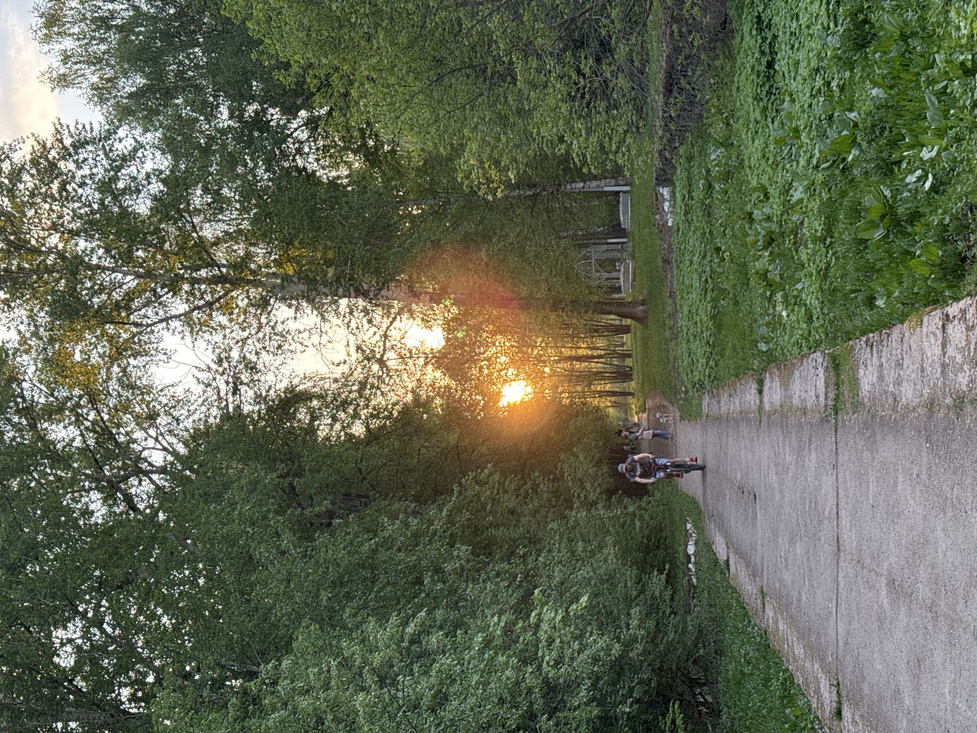 The image shows a park path lined with trees in Izhevsk, Russia, at sunset. The sun is low on the horizon, shining through the trees. A man on a bicycle is riding along the path, with two people walking in the distance. The path is gray concrete. Green vegetation covers the ground and the sides of the path. A stone border is visible on one side of the path. Some architectural structure, such as an arbor, is visible further down the path.