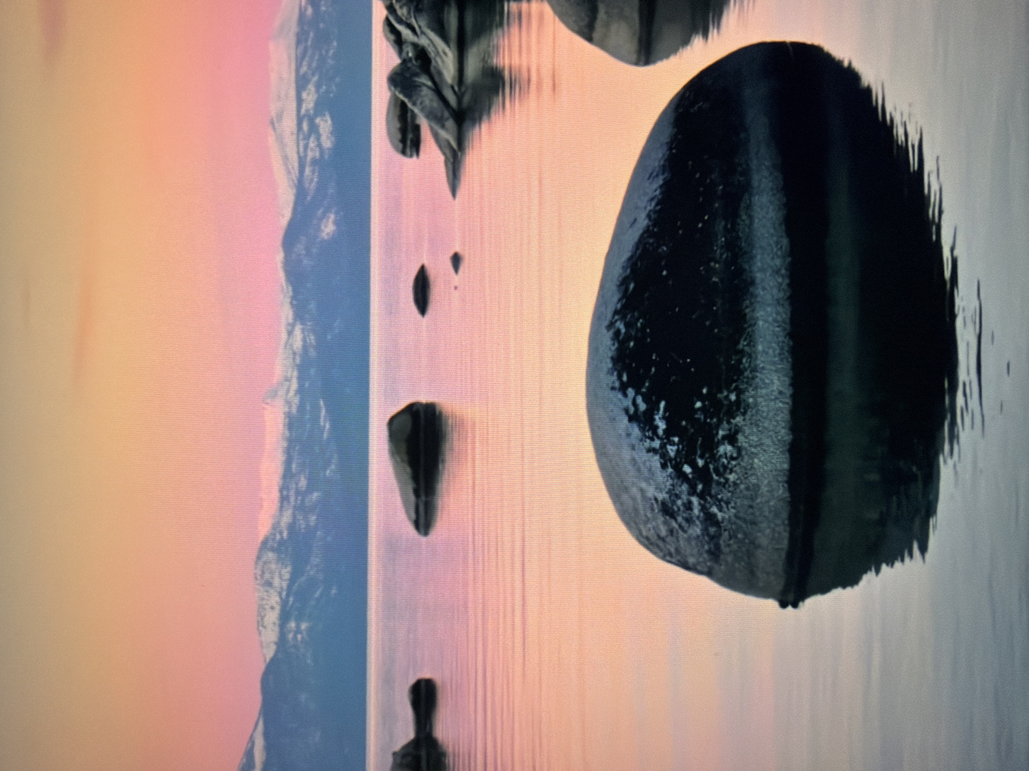 The image depicts a serene natural landscape at sunset or sunrise. The sky transitions from a warm orange-yellow at the top to soft pink and then a pale blue near the horizon. In the distance, snow-capped mountains are visible against the colorful sky. The foreground is dominated by a calm body of water, likely a lake or sea, reflecting the colors of the sky. Several large, dark rocks of varying shapes and sizes are scattered across the water, some partially submerged. One particularly large, dark rock, speckled with white, is prominent in the lower right quadrant, with its reflection visible in the water. The water's surface is smooth, with subtle ripples. There are no people or man-made structures visible in the image. The scene evokes a sense of tranquility and natural beauty. This image is not located in Kyiv, Ukraine.