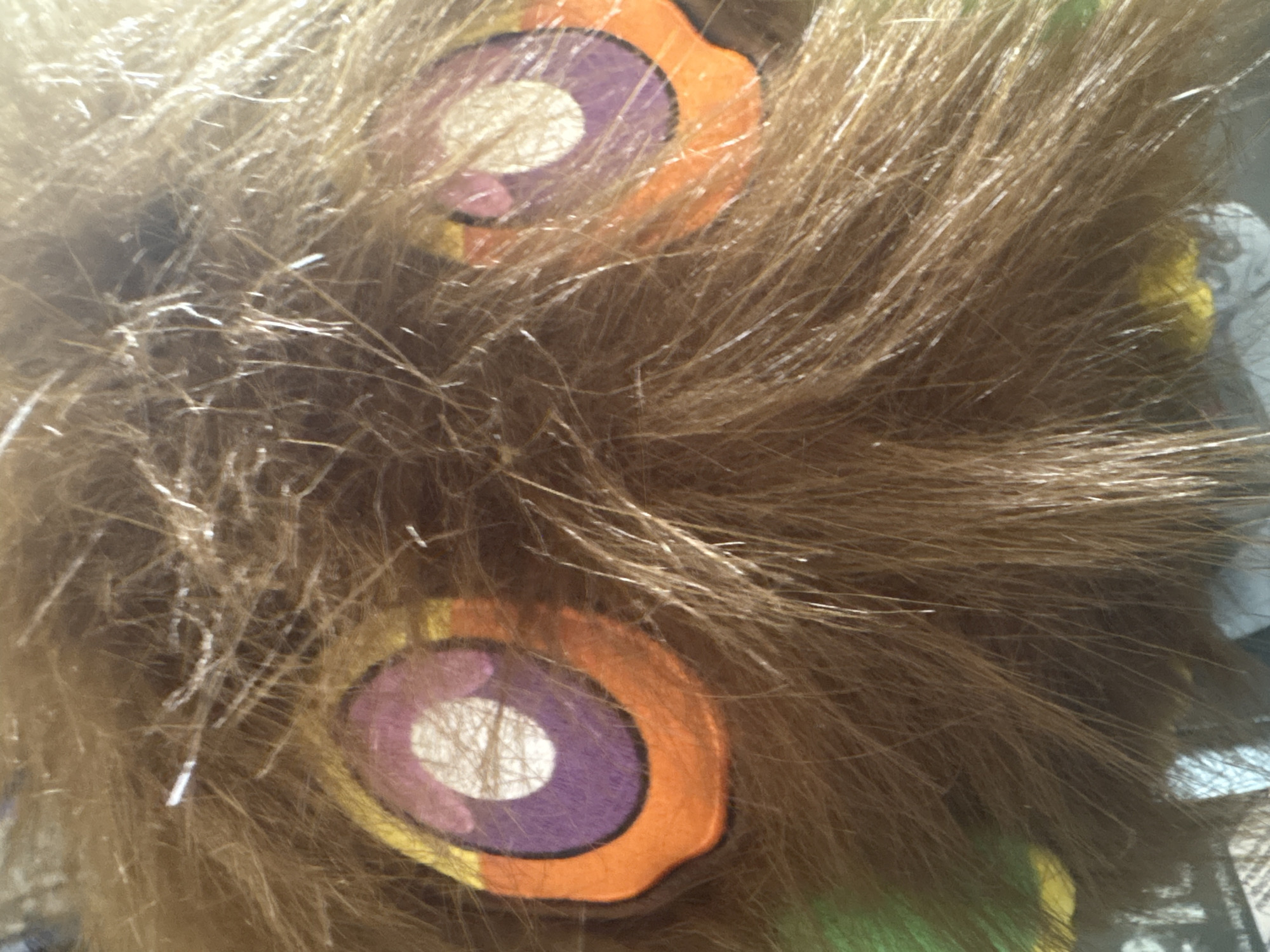 The image depicts a close-up of a furry object with two cartoonish eyes. The fur is brown and shaggy. The eyes are circular with a white center, a purple ring, and an orange outer ring. The scene appears indoors with possibly other objects in the blurry background. The location is unknown and cannot be determined from the image.