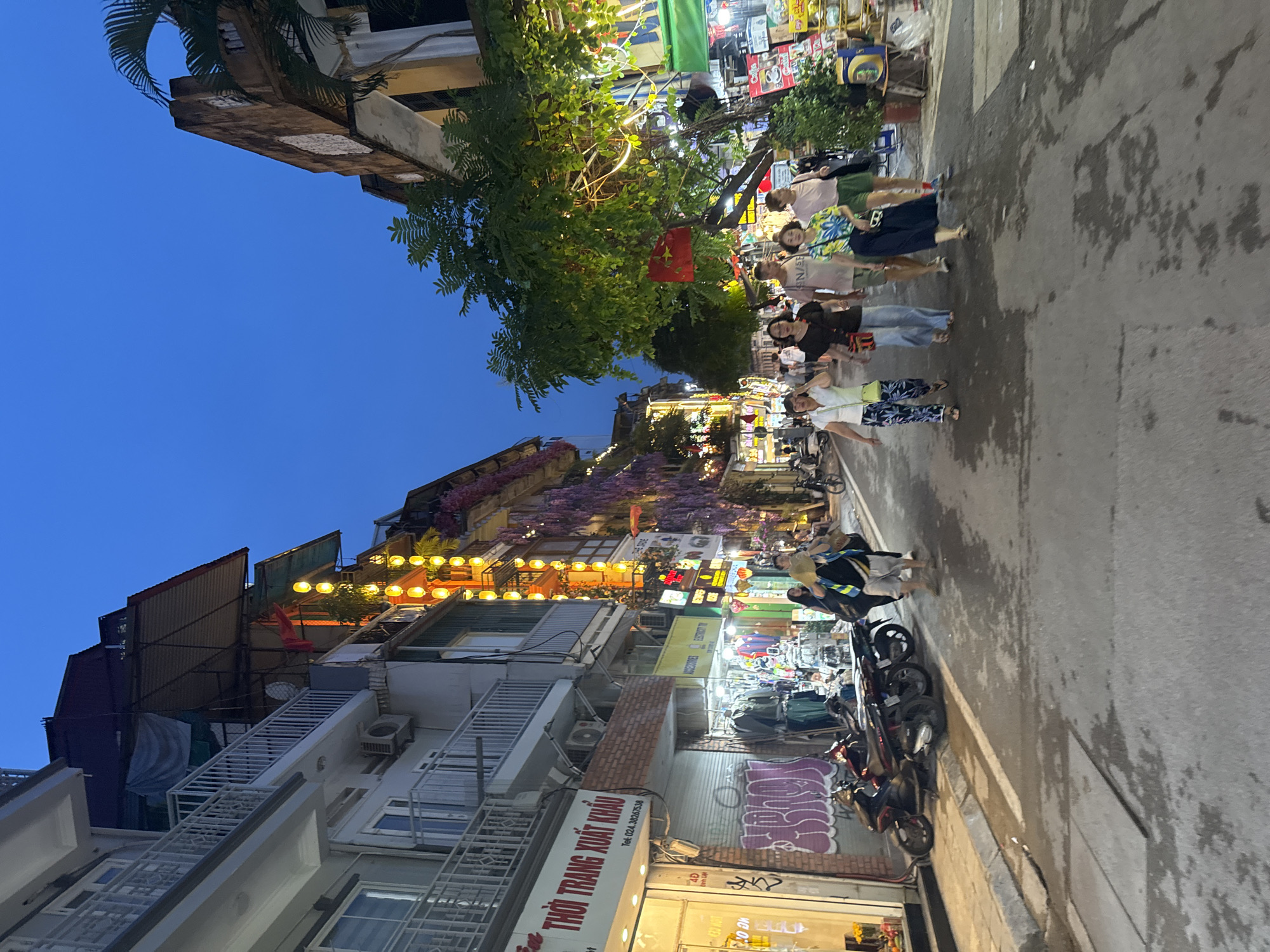 This image depicts a street scene in Hanoi, Vietnam, likely during the evening. The sky is a deep blue, indicating dusk. Buildings line both sides of the street, featuring multiple stories with balconies and awnings. Many buildings are adorned with decorative lighting, including strings of yellow lanterns and what appear to be purple flowers cascading down facades.
On the left side of the street, a building displays signage in Vietnamese, with one sign reading "THỜI TRANG XUẤT KHẨU," which translates to "Imported Fashion." Below this sign, a shop displays clothing items on racks and hangers. Graffiti in pink spray paint is visible on the lower portion of this building. Several motorbikes are parked along the sidewalk.
On the right side of the street, more shops are visible, also decorated with lights. A large tree with dense foliage stands near the center of the right side, with a small red flag with a yellow star, resembling the Vietnamese flag, draped from its branches.
Several people are walking down the street. On the left, two women are walking away from the camera. Further down the street, a group of four people, two men and two women, are walking towards the camera. One woman in this group is carrying a straw hat. In the distance, more people and motorbikes are visible. The street surface appears wet in places, with reflections of the lights visible. The overall atmosphere suggests a lively, commercial street with traditional Vietnamese architecture and evening ambiance.
