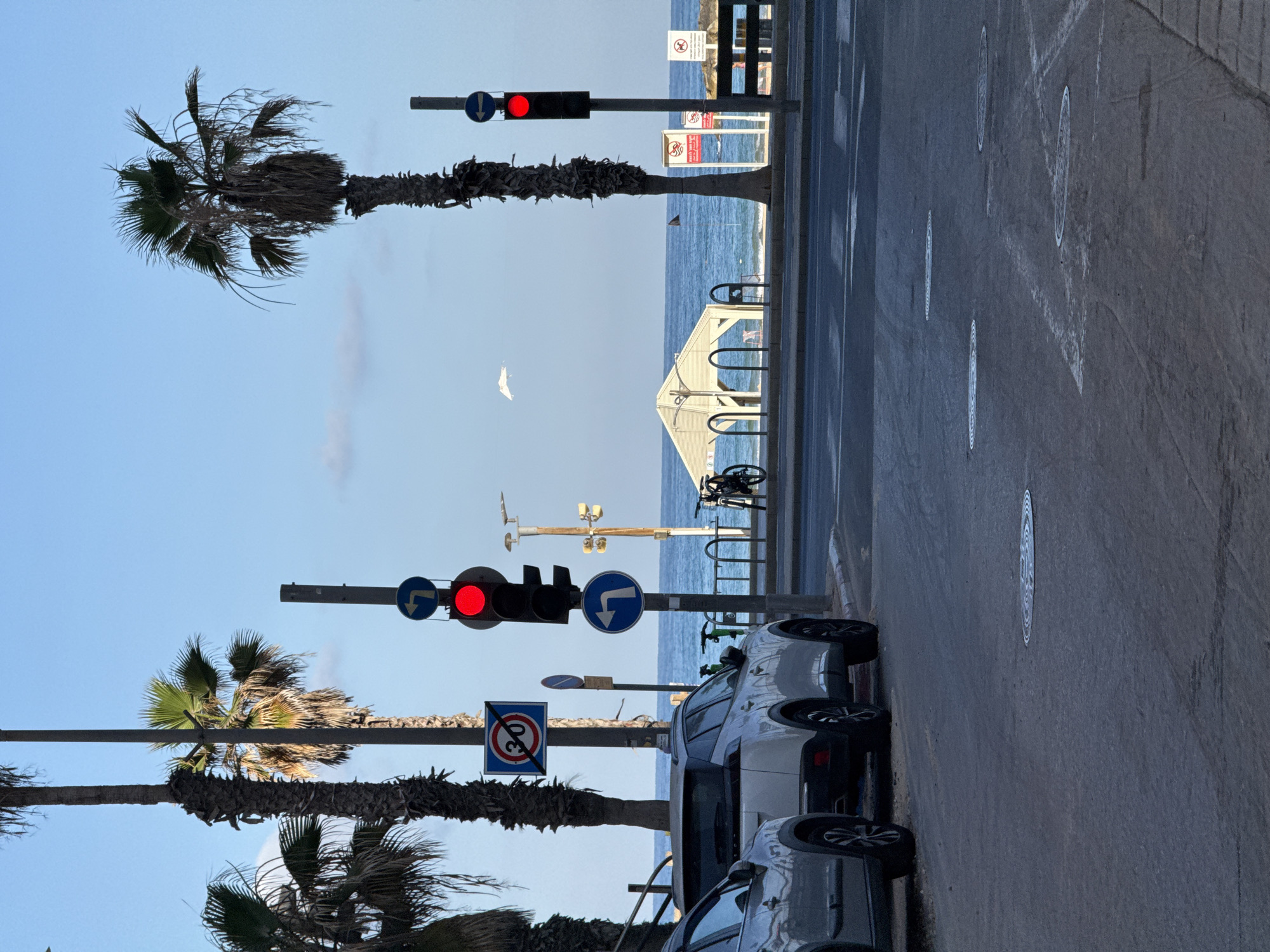 The image depicts a street scene in Tel Aviv, Israel, likely near a beach promenade. In the foreground, two cars are parked on the right side of a paved road. The car closest to the viewer is silver, and the car further down the street is white. The road surface shows painted lane markings and circular manhole covers.
Dominating the midground are several tall palm trees, their fronds silhouetted against a clear blue sky. A traffic light pole stands prominently, displaying a red signal. Adjacent to it, a blue circular sign with a white arrow indicating a left turn is visible, as well as a square blue sign with a red circle and diagonal line, and the number "30" inside, indicating a speed limit.
Beyond the street, a section of the beach promenade is visible, featuring a white shaded canopy structure with curved supports, and bicycle racks. The Mediterranean Sea forms the backdrop, with gentle waves and a bright horizon. A small white object, possibly a kite or a drone, is suspended in the sky above the water. In the far distance, the coastline is visible. The overall impression is a sunny day with a relaxed atmosphere by the sea.