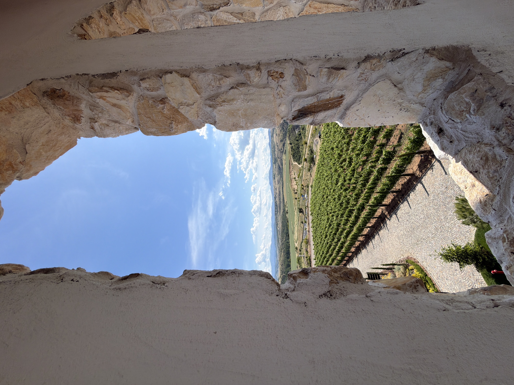 The image, taken in Kocherinovo, Bulgaria, provides a view through a rustic, stone archway onto a sunlit vineyard and rolling hills under a bright blue sky with scattered clouds. The foreground is dominated by the rough-hewn textures of the stone structure, with a smooth, light-colored plaster filling parts of the arch.
In the middle ground, a neatly organized vineyard stretches across the landscape, its rows of green vines contrasting with the patterned cobblestone pathway that runs alongside it. Several slender cypress trees are planted along the edge of the pathway, adding vertical accents. Further back, the terrain rises into gently sloping hills covered in green fields and dotted with trees. A dirt road meanders through the landscape in the distance.
The sky is a vibrant blue, with fluffy white clouds casting shadows on the land below. The overall impression is one of tranquility and natural beauty, with the man-made elements of the vineyard and archway harmonizing with the surrounding environment. No people are clearly visible in the frame, but a small red fire hydrant can be seen near the base of a small evergreen tree in the lower left quadrant of the image.