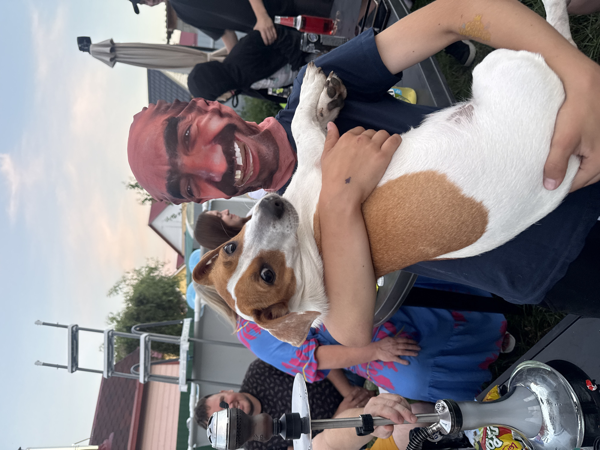 The image depicts an outdoor gathering in the city of Uzuykovo, Russia, likely a backyard party during twilight. A person wearing a full-face mask with a printed image of a man's face is holding a Jack Russell Terrier. The dog is white with brown markings. In the background, several people are visible, including a man to the left who appears to be smoking a hookah, and others further back. A ladder and a swimming pool are present, suggesting a casual setting. A table with drinks, including a bottle of red liquid, and what appears to be a hookah setup are in the foreground. The sky is visible with some clouds, indicating evening.
