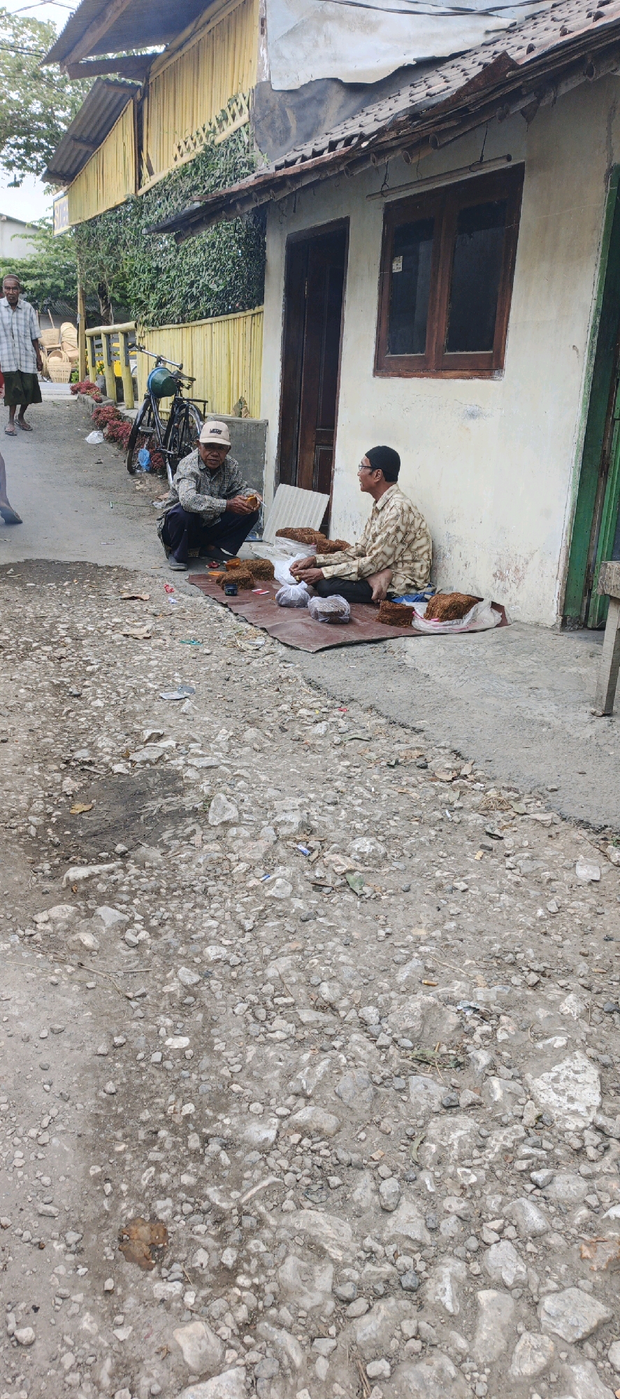 Two men are sitting on the ground in front of a building in Kasiyan, Indonesia. The building appears to be a small, simple structure with a white wall and a dark wooden door and window. There is a corrugated metal roof with some damage. The ground in front of the building is a dirt and gravel path.
The man on the left is wearing a checkered shirt, dark pants, and a white baseball cap. He is crouching and holding what appears to be dried tobacco leaves in his hands, and he is looking at the man on the right. The man on the right is wearing a patterned shirt, dark pants, and a black cap. He is sitting cross-legged and also appears to be handling tobacco leaves. In front of them, there are several piles of tobacco leaves, some of which are in plastic bags.
In the background, a man in a plaid shirt and dark pants is walking away from the camera on a paved area. Further back, there is a yellow bamboo-like structure with a metal roof, and a bicycle is parked near it. The overall environment suggests a rural or semi-urban setting. The presence of tobacco leaves indicates that the men may be selling or processing tobacco.