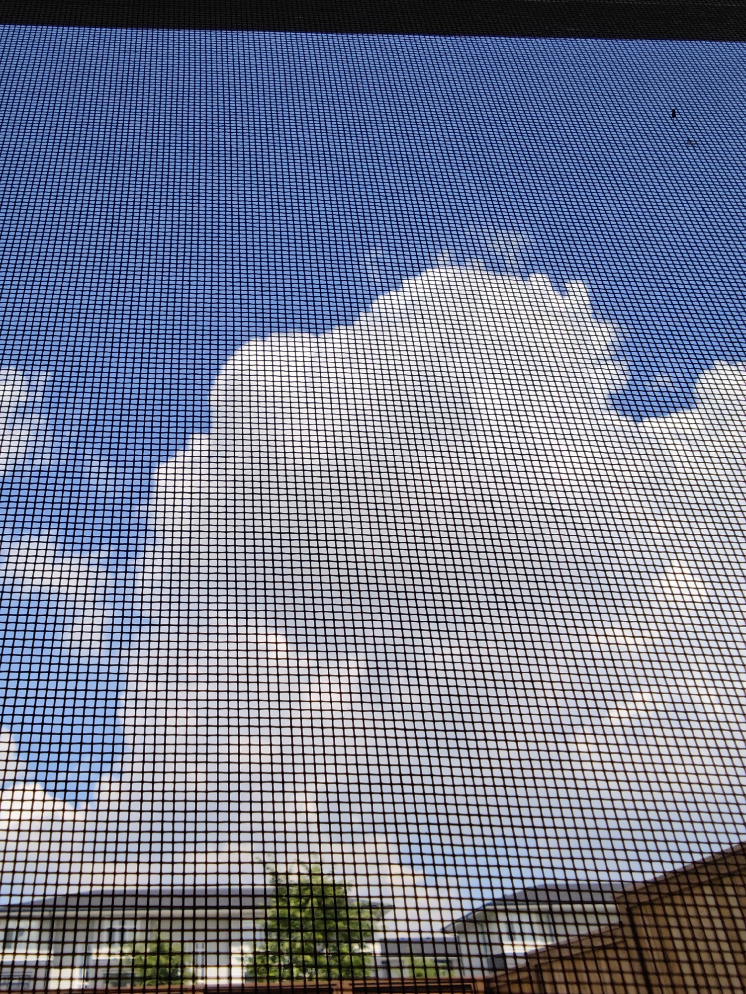 The image shows a view through a window screen, likely from a residential building, overlooking a cloudy sky and some trees and buildings in the distance. The screen creates a grid pattern over the entire scene. The sky is a bright blue with large, fluffy white clouds that dominate the upper portion of the frame. Some sunlight is visible through the clouds, creating brighter patches. Below the sky, there is a suggestion of a landscape with green trees and the tops of buildings, indicating an outdoor setting. The presence of buildings and trees suggests an urban or suburban environment. The lighting suggests it is daytime, possibly late morning or afternoon given the brightness of the sky and clouds. The crops provided show closer views of the sky and the screen's texture, emphasizing the details of the mesh and the light filtering through. No people are visible in the image. There is no visible text. The location context of Calgary, Canada, suggests this is a typical view from a window in that region during potentially fair weather.