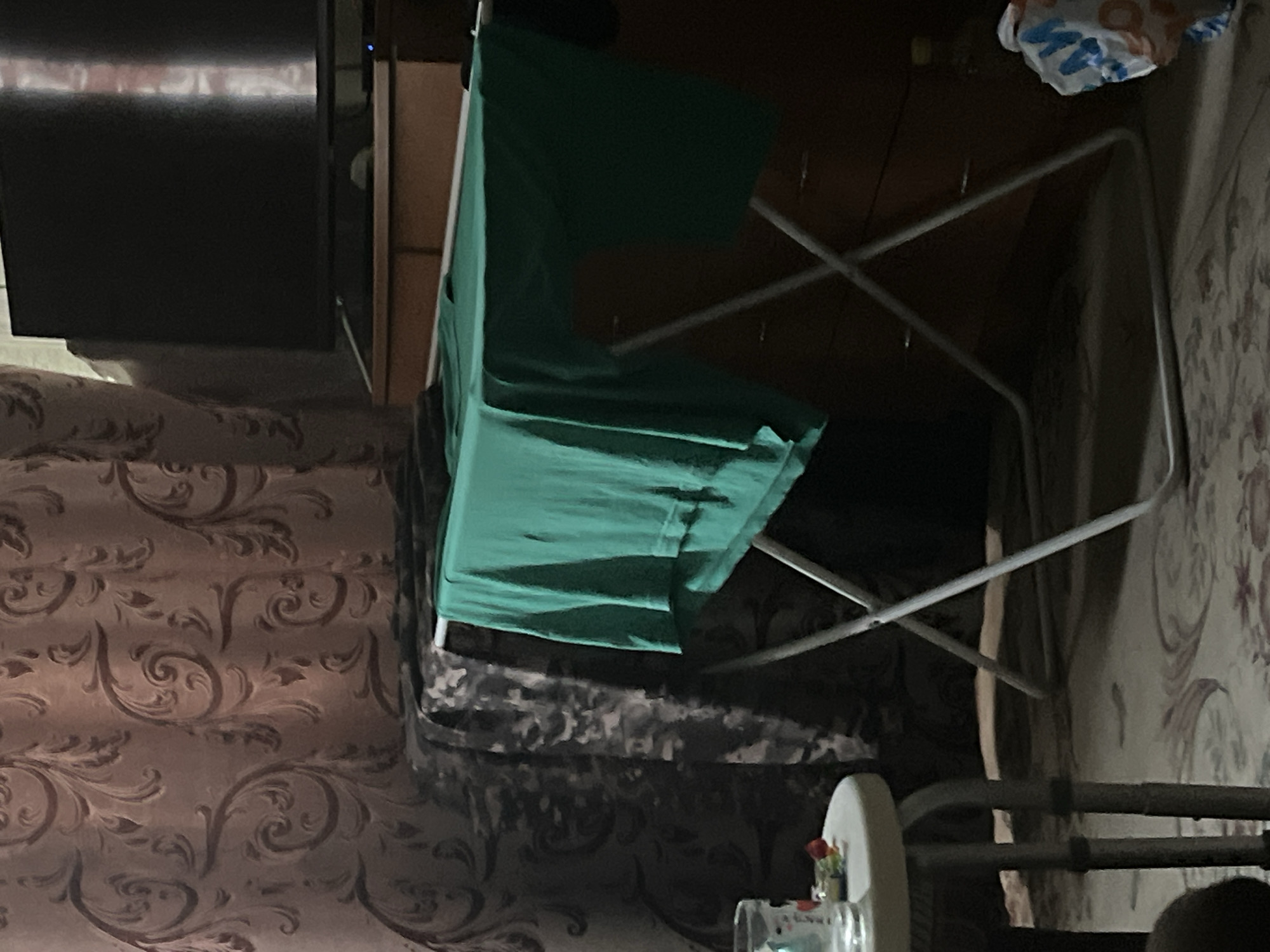 The image captures an indoor scene, likely a room in a dwelling in Minsk, Belarus, characterized by dim lighting. The perspective is rotated 90 degrees clockwise, presenting the scene vertically.
In the foreground, on the left side of the image, a bed is visible, covered with a brown and black patterned bedspread featuring ornate, swirling designs. A matching patterned curtain hangs to the left of the bed. Above the bed, a black flat-panel television is placed on a light-colored wooden cabinet or shelf.
The central and right portions of the image are dominated by a green fabric folding chair with a visible metal frame. To the upper right, a white plastic bag with some blue text, partially visible as "AM" or similar, is present. The wall on the far right is adorned with wallpaper showcasing a repeating floral or scroll pattern. In the bottom right corner, a small white object, possibly a base, holds a single red rose in a clear container.
No people are visible, and there is no specific activity taking place. The muted lighting suggests it could be evening or an interior space with minimal natural light.