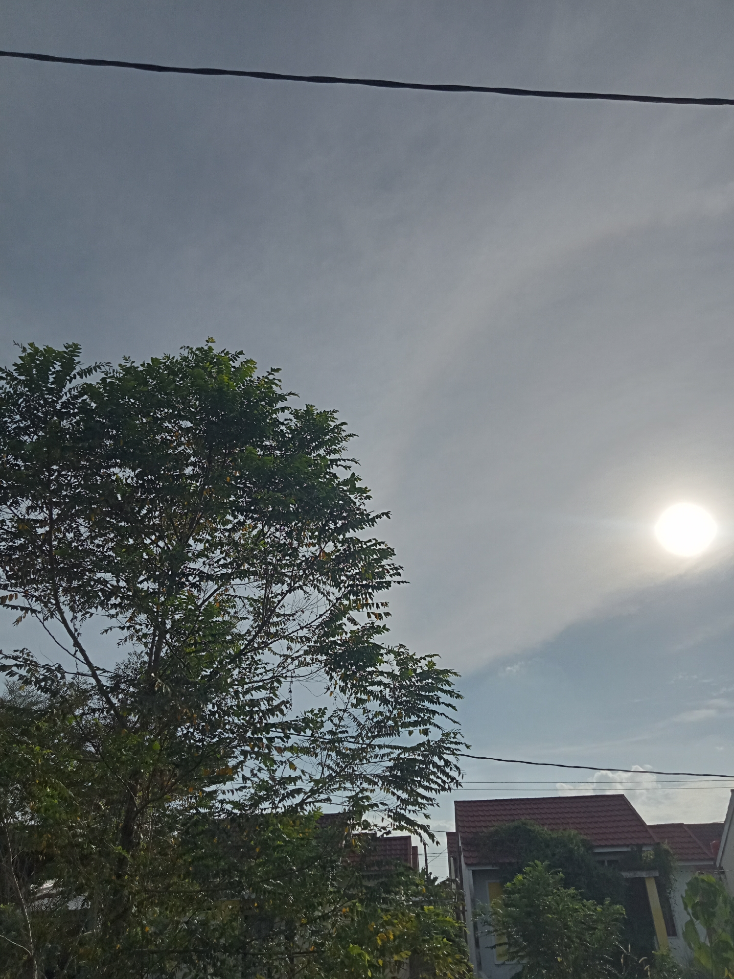 This is a low-angle, portrait-orientation photograph taken outdoors in Kualu, Indonesia, on a clear day with some wispy clouds. In the foreground, a large, leafy green tree dominates the left side of the frame, its branches extending upwards. Behind the tree, several houses with red tiled roofs are visible, partially obscured by foliage. A bright, almost white sun is positioned in the upper right quadrant of the sky, creating a sunburst effect. A dark power line runs horizontally across the top portion of the image. The overall impression is one of a residential area on a sunny day.