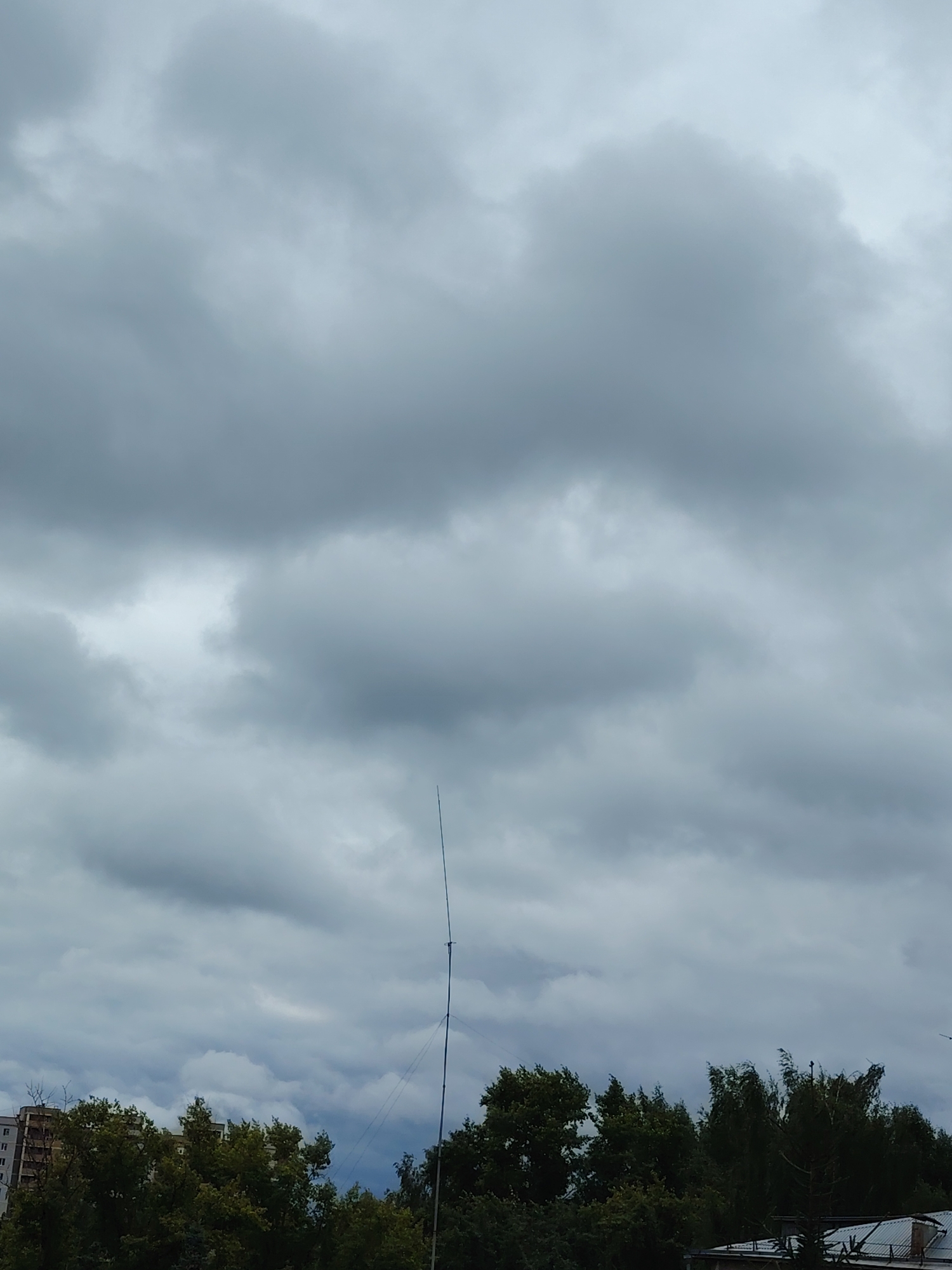 The image depicts an overcast sky with dramatic, textured clouds. In the lower portion of the frame, a dense line of dark green trees is visible, with a building and the edge of a metal roof at the far left and right edges, respectively. A tall, thin antenna or pole extends vertically from behind the trees into the cloudy sky. The scene appears to be outdoors in a semi-urban or suburban area. No people or animals are visible. The overall impression is one of impending weather change. The location is the city of Konakovo, Russia.