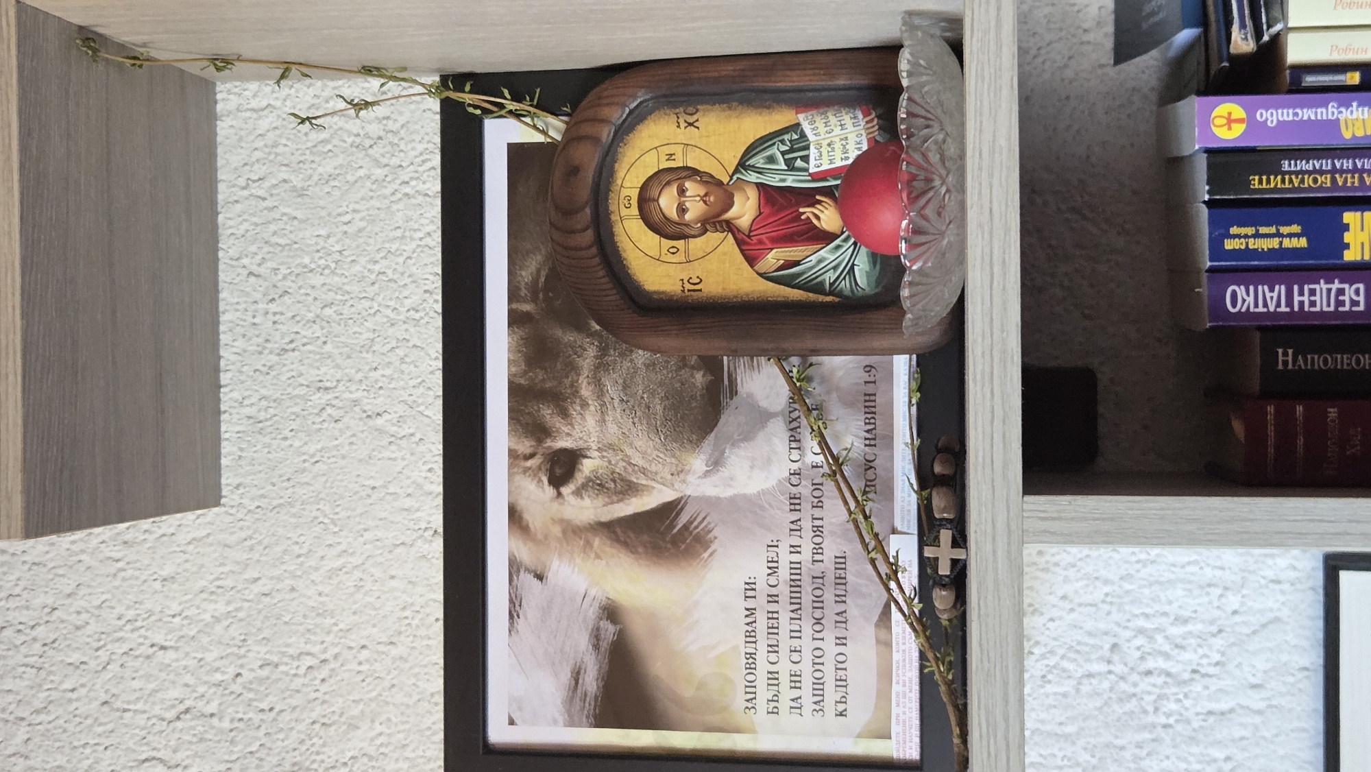 A shelf contains a framed picture of a lion, an Orthodox icon of Jesus Christ, an easter egg in a crystal bowl, a wooden cross, and several books. The picture with the lion has text in Bulgarian. The books have titles in Bulgarian and Cyrillic alphabet. The shelf appears to be part of a bookcase or a cabinet.