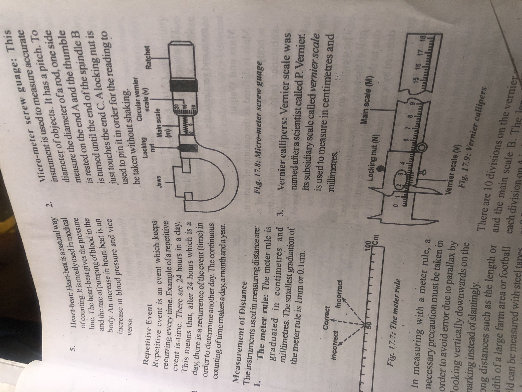 The image shows pages from a textbook containing diagrams and text related to scientific instruments and measurements. Specifically, it includes sections on "Heart-beat", "Repetitive Event", "Micro-meter screw guage", "Measurement of Distance" (featuring a meter rule and its usage), and "Vernier callipers". The content is informational and educational, with no indication of a specific city or location beyond a general academic context. There are no people depicted in the image.