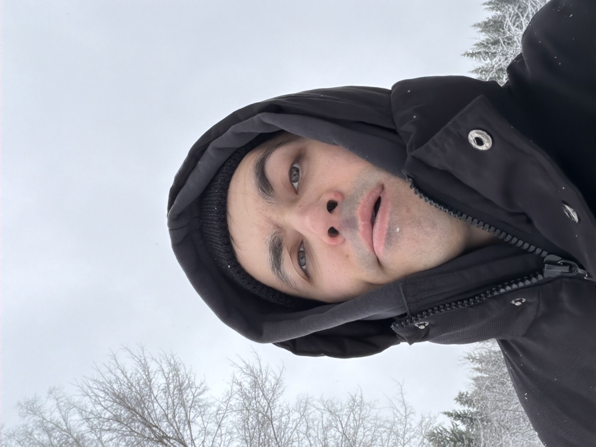 A close-up, low-angle shot depicts a person in a black hooded winter jacket and a black beanie. The person's face is visible, revealing light skin, gray eyes, and stubble. Their mouth is slightly open.
The background consists of a snow-covered landscape. Leafless trees are visible, indicating winter. Evergreen trees are present further in the distance. The sky is overcast.
Without additional location information, pinpointing the exact location within Izhevsk, Russia, is impossible. The scene depicts a wintery outdoor environment with a person bundled up against the cold.