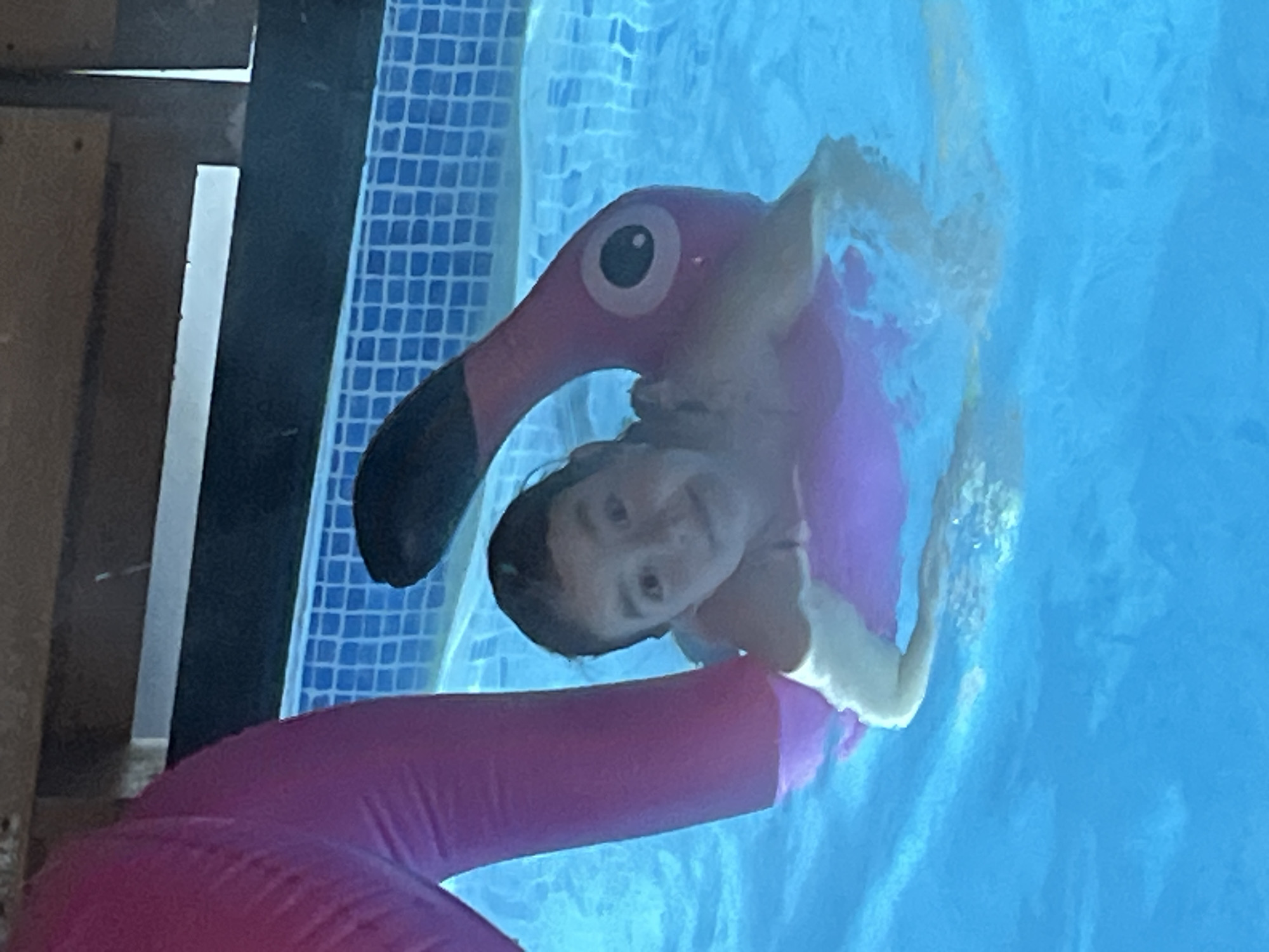 A young girl is in a swimming pool with a pink inflatable flamingo. The girl is wearing a pink swimsuit. The pool has blue tiles. There is a wooden structure next to the pool. There is no information suggesting that this is Izhevsk, Russia.