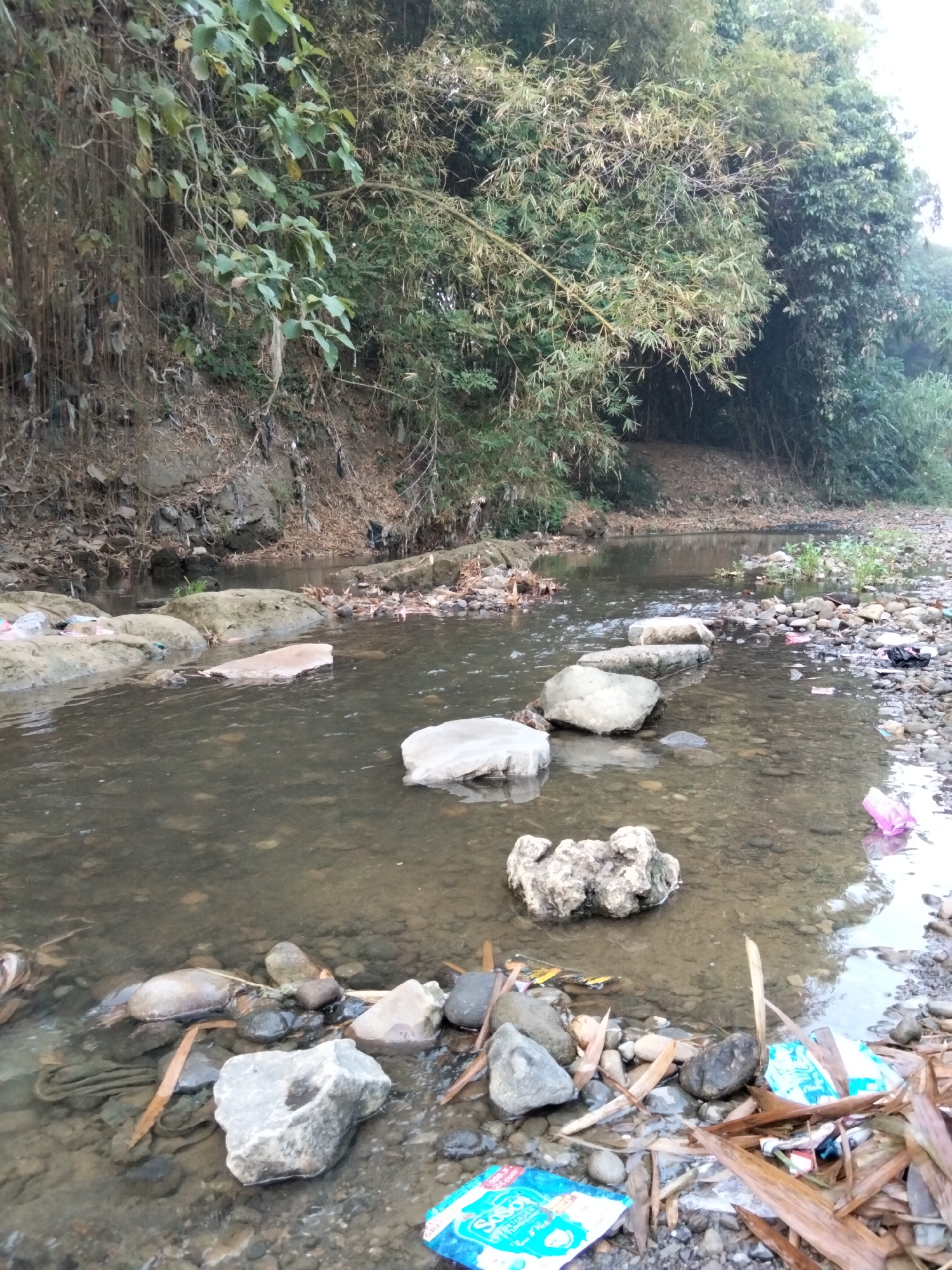 The image shows a shallow, rocky stream flowing through a natural, overgrown area. The water is clear, revealing the riverbed and scattered rocks. On the banks and in the water, there are various natural elements such as fallen leaves, branches, and large stones that create stepping stones across the stream. The background features dense vegetation, including bamboo trees and other foliage, with a dirt bank visible behind the trees. There is also evidence of human presence and pollution, with plastic trash, including wrappers and bags, scattered along the banks and partially submerged in the water. The scene appears to be located in a rural or semi-natural environment near Kantor Kuwu Babakan, Indonesia.