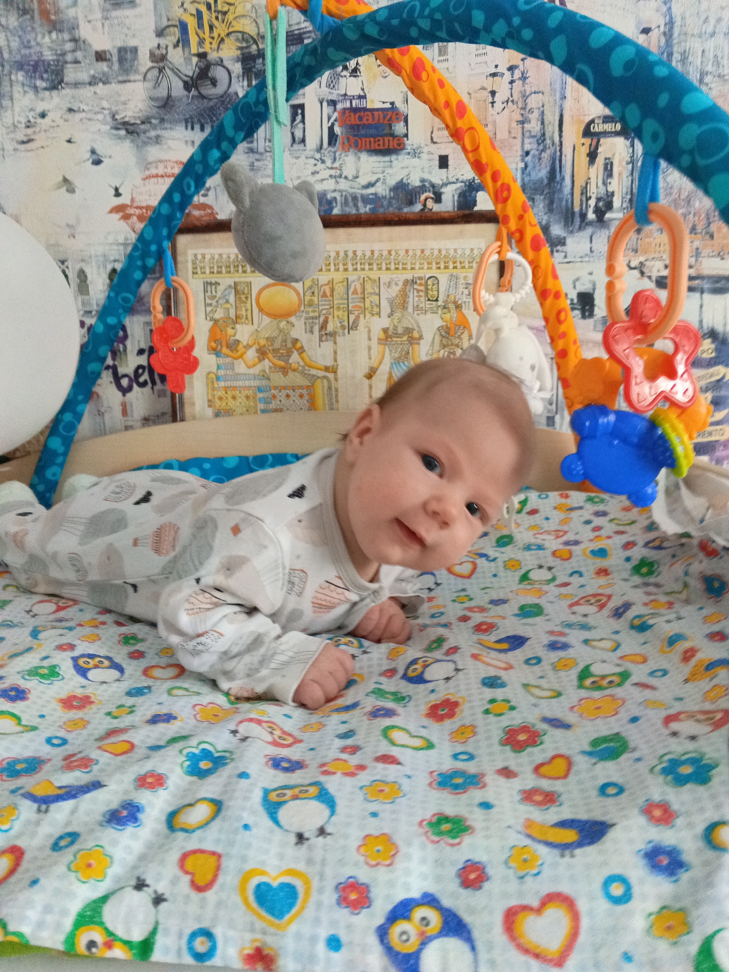 A baby lies on their stomach on a colorful play mat with owls, hearts, and flowers. An overhead play arch with toys hangs above the baby. The background features a wallpapered wall with cityscapes and a framed Egyptian-themed picture.