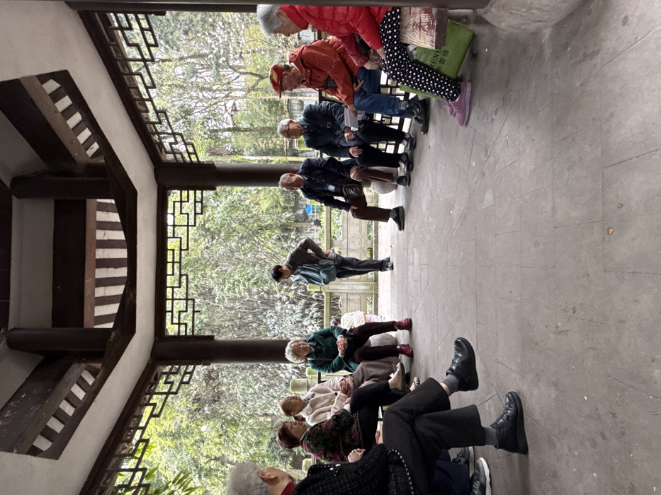 The image depicts ten individuals, predominantly older adults, gathered within an open-sided octagonal gazebo in a public park in Jiulongpo District, China. The gazebo features a paved light grey tiled floor, dark wooden support pillars, and decorative dark wooden lattice panels along its upper perimeter. Integral stone benches line the interior, accommodating most of the participants. Beyond the gazebo, lush green foliage and bamboo are visible, with a low, light-colored stone wall in the mid-ground. The lighting suggests an overcast day.
Nine individuals are seated on the benches. From left to right: a partially visible person with white hair, followed by three older women in varied jackets (patterned, light-colored, dark green). Opposite them, from the right, an older woman in a red padded jacket and polka-dotted trousers is seated next to a green shopping bag displaying Chinese characters. Adjacent to her are three older men; one wears an orange-red jacket and red cap while holding papers, and the other two wear dark jackets, one carrying a shoulder bag and the other holding papers. The legs and feet of a tenth seated individual, wearing dark trousers and black shoes, are visible in the extreme lower left foreground. A single middle-aged man stands in the central paved area, wearing a dark jacket and a light-colored shoulder bag, with his left hand on his hip. He appears to be addressing the seated group, who are positioned as if in conversation or listening.