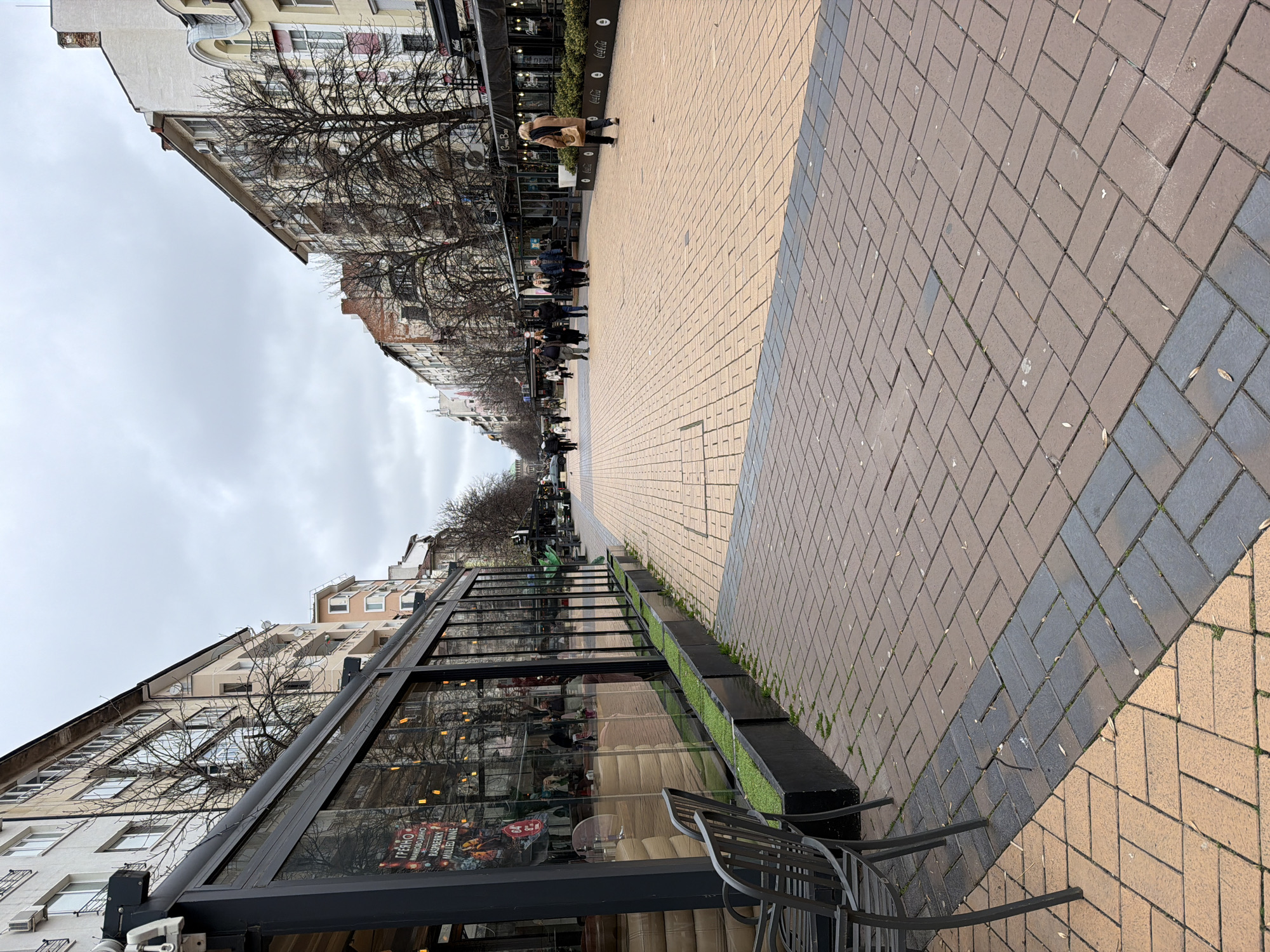 The image depicts a street scene in Sofia, Bulgaria. The view is along Vitosha Boulevard, a pedestrianized street lined with shops and restaurants. The foreground features the exterior of a cafe with glass walls and outdoor seating. A couple of metal chairs are visible. The paved pedestrian walkway is made of brick in a herringbone pattern with darker contrasting edge. People are walking along the boulevard in both directions. Trees line both sides of the street, devoid of foliage. Tall buildings are seen. The sky is overcast and grey.