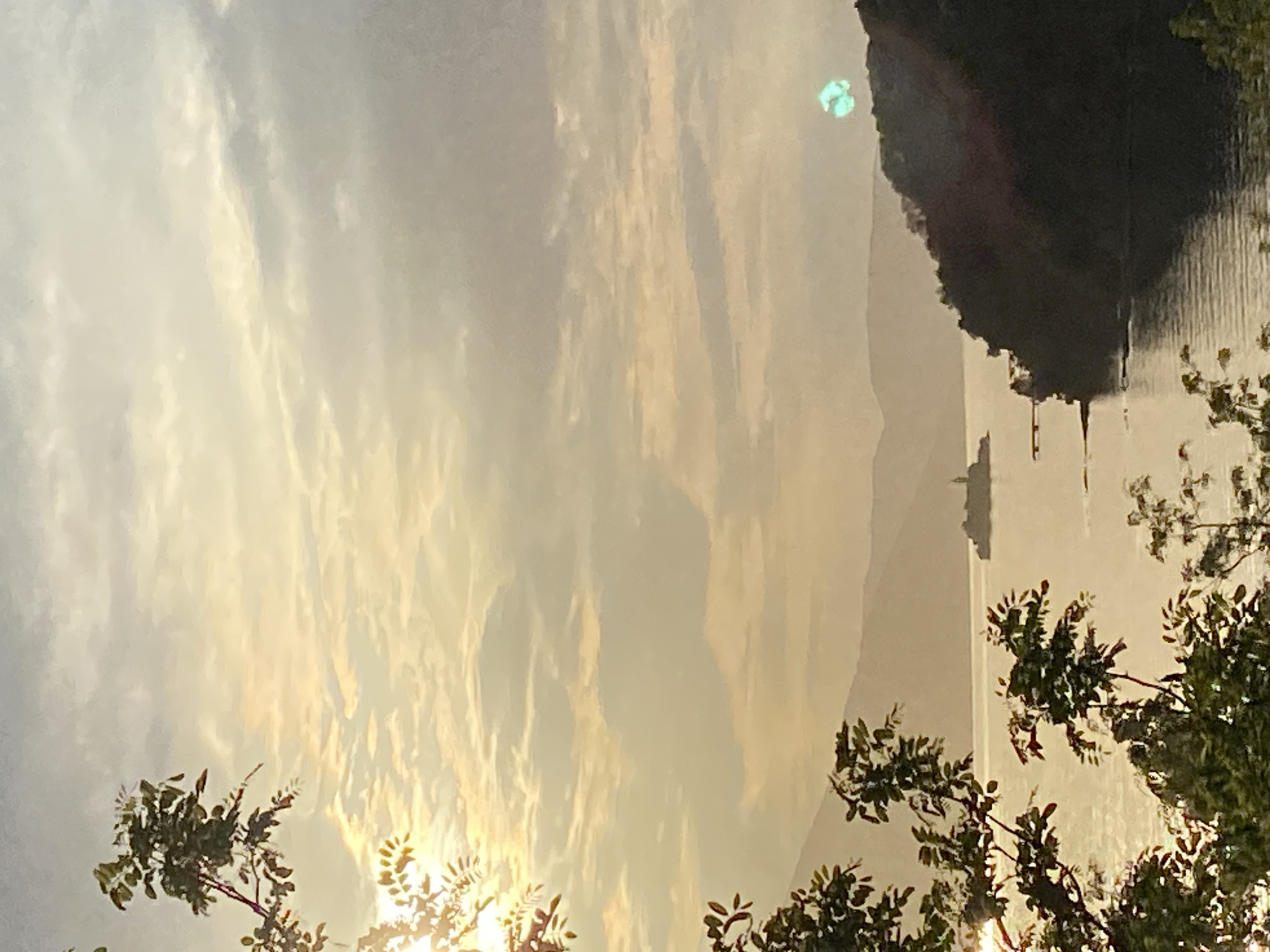 The image captures a landscape in Đuraševići, Montenegro, featuring a body of water reflecting the sky. The sky is filled with clouds, with the sun appearing to shine through them, creating a hazy, golden light. Mountains or large hills are visible in the distance on the far side of the water. Tree branches with leaves frame the foreground. The image has been rotated.