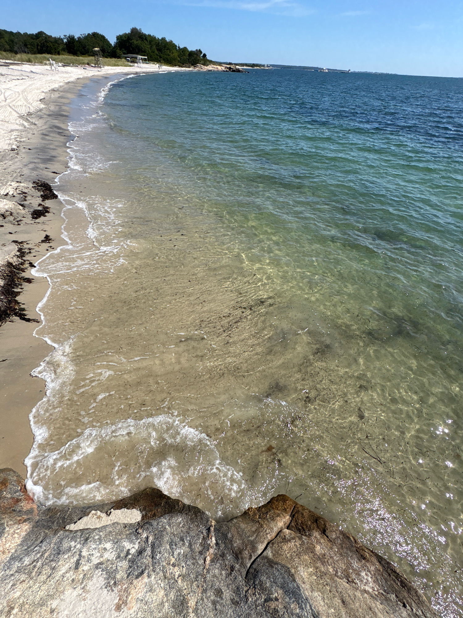 The image depicts a coastal scene with a sandy beach and the ocean. The foreground features large, weathered rocks. The beach itself is a mix of light sand and darker seaweed. Gentle waves lap at the shore, with the clear water revealing the sandy bottom. In the distance, the ocean stretches out under a bright blue sky with a few faint clouds. Along the shoreline, trees and vegetation form a dense treeline. There are a few distant structures, including what appears to be a lifeguard stand and possibly a small building or shelter. A few indistinct figures can be seen on the beach in the far distance. The overall impression is a tranquil summer day at the seaside. Based on the visual cues of the beach, the type of trees, and the overall landscape, this scene is likely at Ocean Beach Park in New London, Connecticut.
