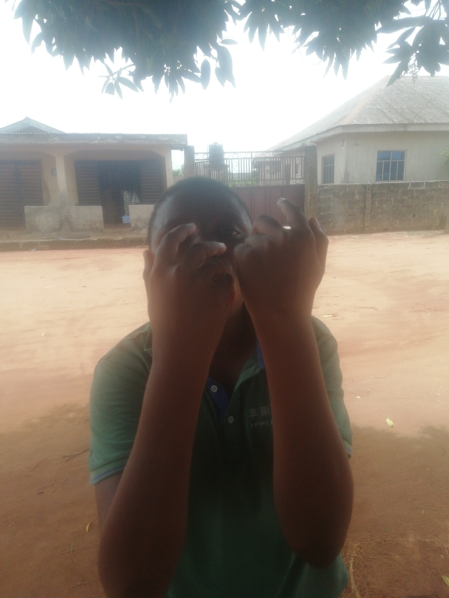 A person wearing a green polo shirt with the word "APPLE" printed on it is holding their hands up near their face, obscuring some of it. The setting appears to be outdoors in a residential area, with two houses visible in the background. A metal gate and a concrete wall are also present. The ground appears to be dirt or sand. The location is in the city of Unknown, Unknown.