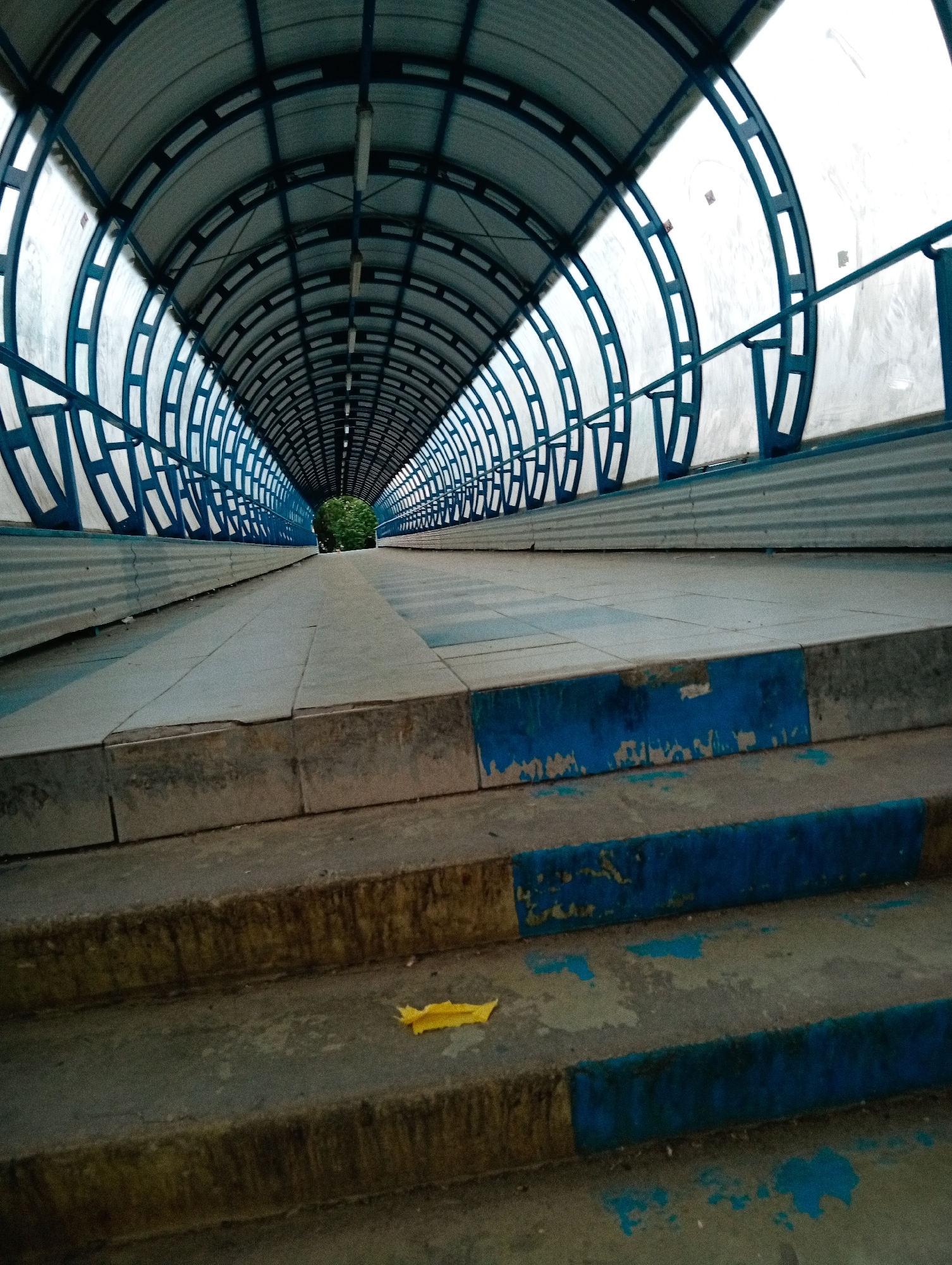 The image depicts the interior of a covered pedestrian bridge or overpass. The structure is made of metal and polycarbonate, with a repeating arched design that creates a tunnel effect. The framework is painted in blue. The floor of the bridge is tiled, and there are steps leading up to the main walkway. The edges of the steps are painted in alternating blue and yellow sections.
At the far end of the bridge, green foliage is visible. The bridge appears to be located in Poltava, Ukraine. There are no people visible in the image. A yellow leaf lies on one of the steps. The environment is urban and somewhat worn, with signs of weathering and paint chipping on the steps. Artificial lighting fixtures can be seen along the ceiling of the structure.