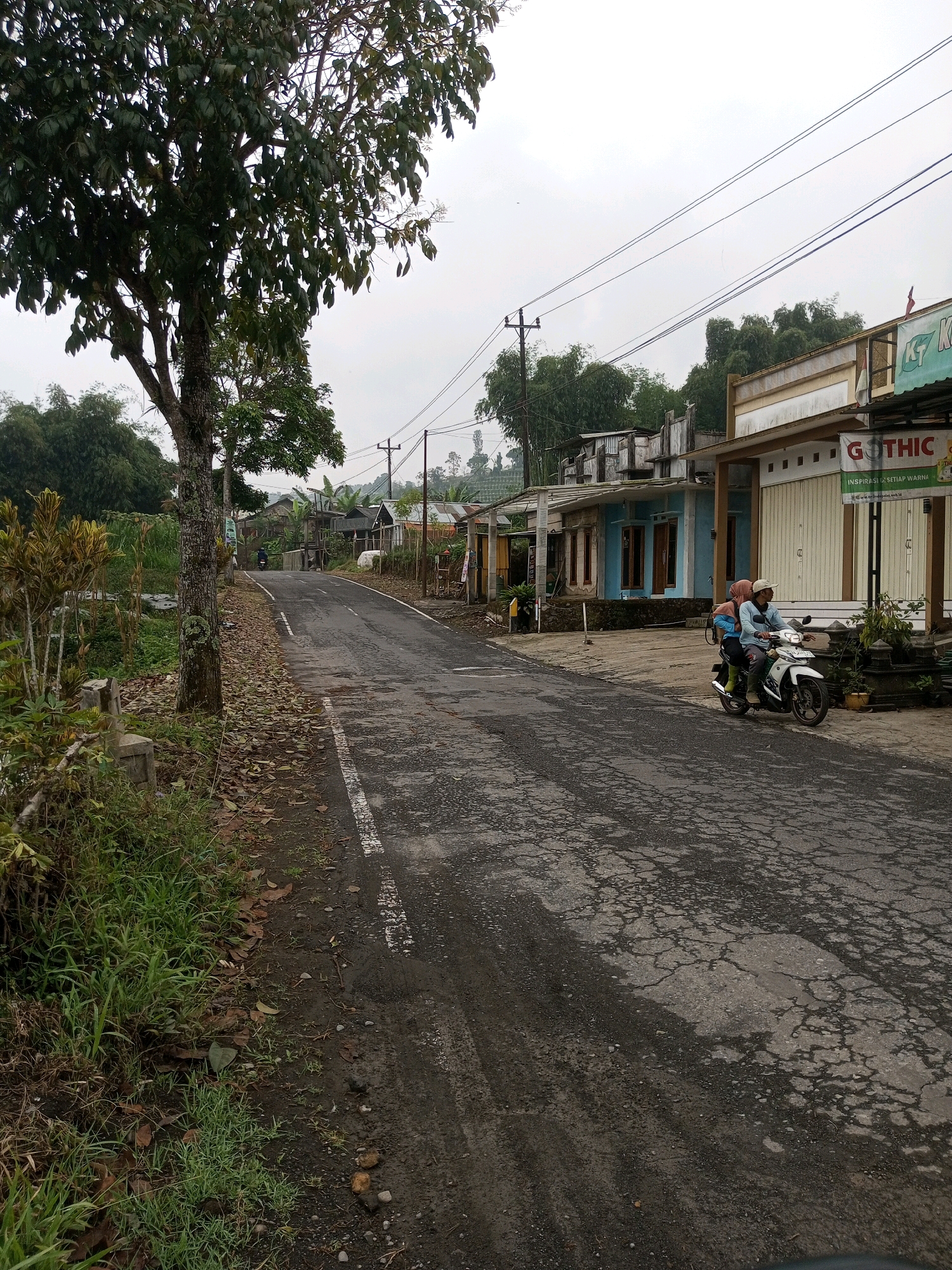 This image depicts a rural road scene in Keseneng, Indonesia, under an overcast sky. The road itself is paved and appears somewhat weathered, with visible cracks and patches. Along the right side of the road, there are several buildings. One building has a light-colored facade with a green awning and a sign that reads "GOTHIC" in large red letters, above text in Indonesian. Adjacent to this are buildings with roll-up doors and a lighter blue structure.
In the foreground, a white motorcycle is stopped on the right side of the road. Two individuals are on the motorcycle; the rider, wearing a light blue shirt and a beige cap, is looking ahead, while the passenger, wearing a blue headscarf and a darker blue garment, is looking to the left.
To the left of the road, there is a large tree with dark green foliage and a textured trunk. The ground along this side is covered with grass, fallen leaves, and some small rocks. Further down the road, more buildings and trees are visible, suggesting a village or small settlement. Telephone poles and wires are present, spanning across the scene. The overall environment appears to be a somewhat humid, possibly tropical, setting with lush vegetation present.