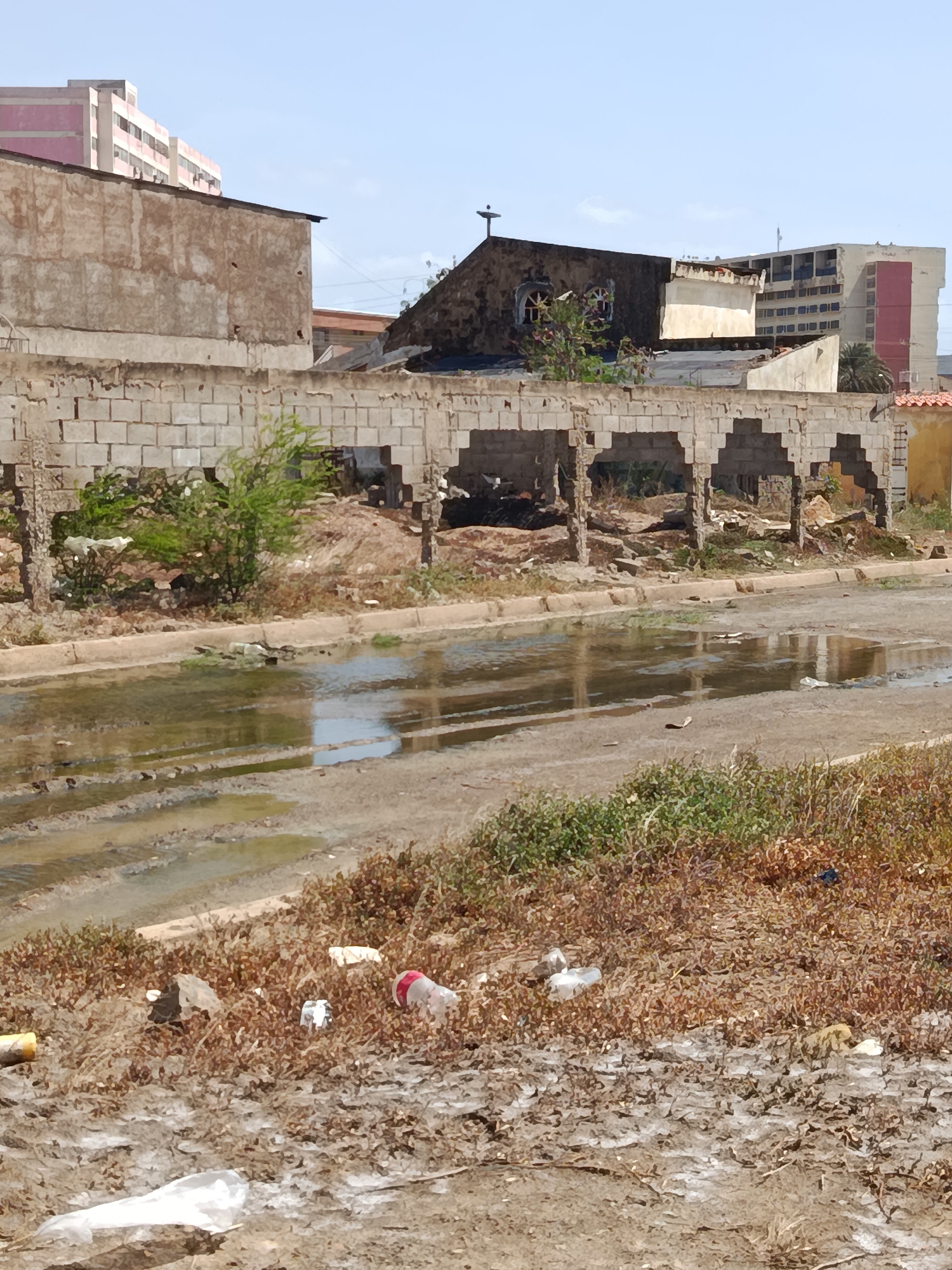 The image depicts a scene in the city of Juan Griego, Venezuela, characterized by urban decay and neglect. In the foreground, a dirt road is partially submerged in muddy water, with debris such as plastic bottles and bags scattered along its edge and on the dry, overgrown vegetation.
The midground features the dilapidated remains of a brick structure with arched openings, suggesting it was once a more substantial building. Beyond this, a darker, older building with a cross on its roof stands, possibly a church, and next to it, newer, unfinished or partially constructed buildings rise. In the background, larger, more modern multi-story buildings are visible, including a pink and white structure and another with a grid-like facade. The overall environment appears dry and dusty, with sparse vegetation struggling to grow amidst the urban ruins. The sky is clear and bright, suggesting a sunny day. There are no people visible in the image.