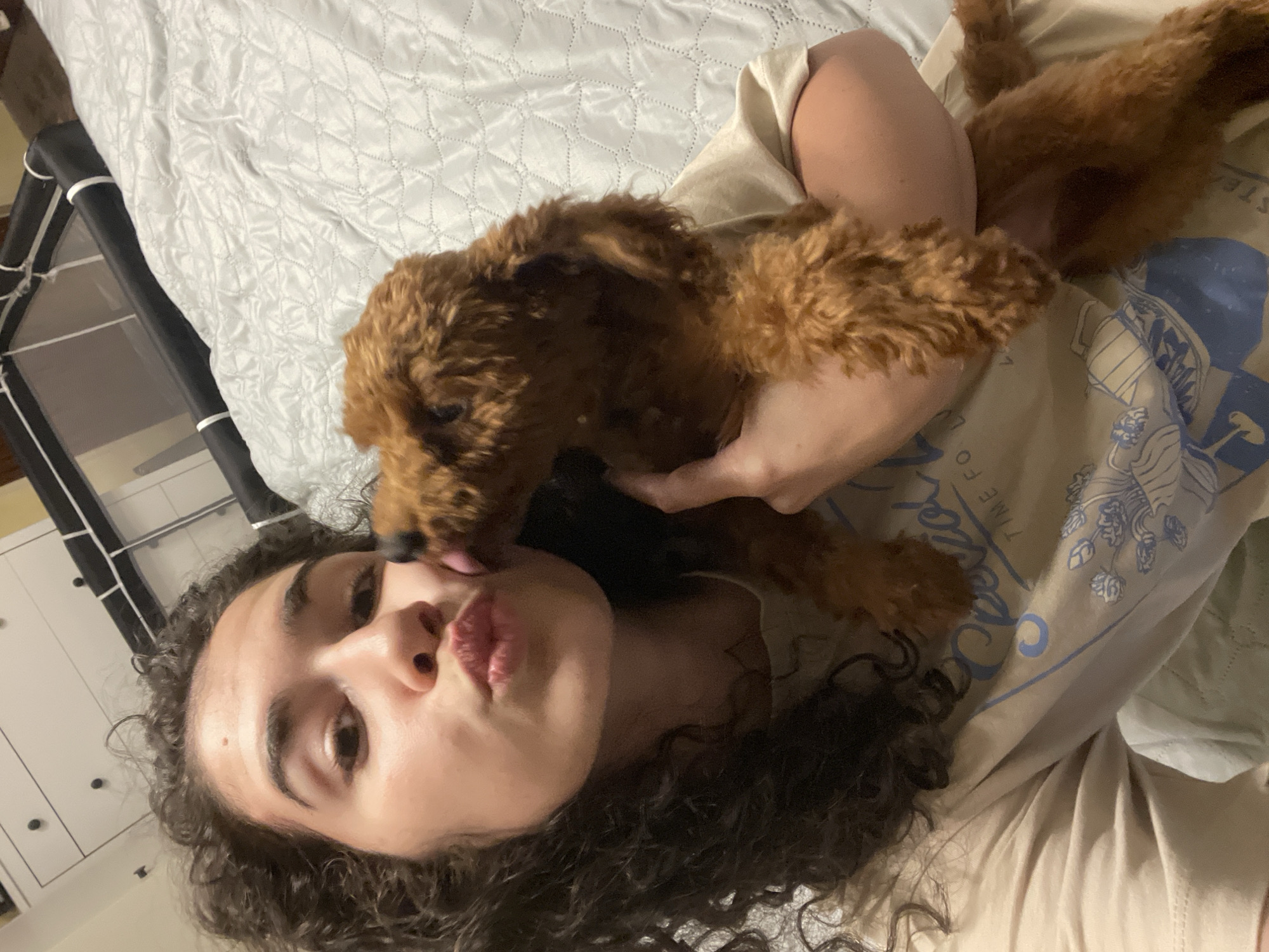 A woman with curly dark hair is lying on a bed, holding a reddish-brown poodle puppy. The puppy is licking her face. The bed has a white quilted comforter. A black and white bed frame is visible on the left side of the image. The woman is wearing a light-colored t-shirt with a blue design. The location is not discernible as Sofia, Bulgaria from the image.