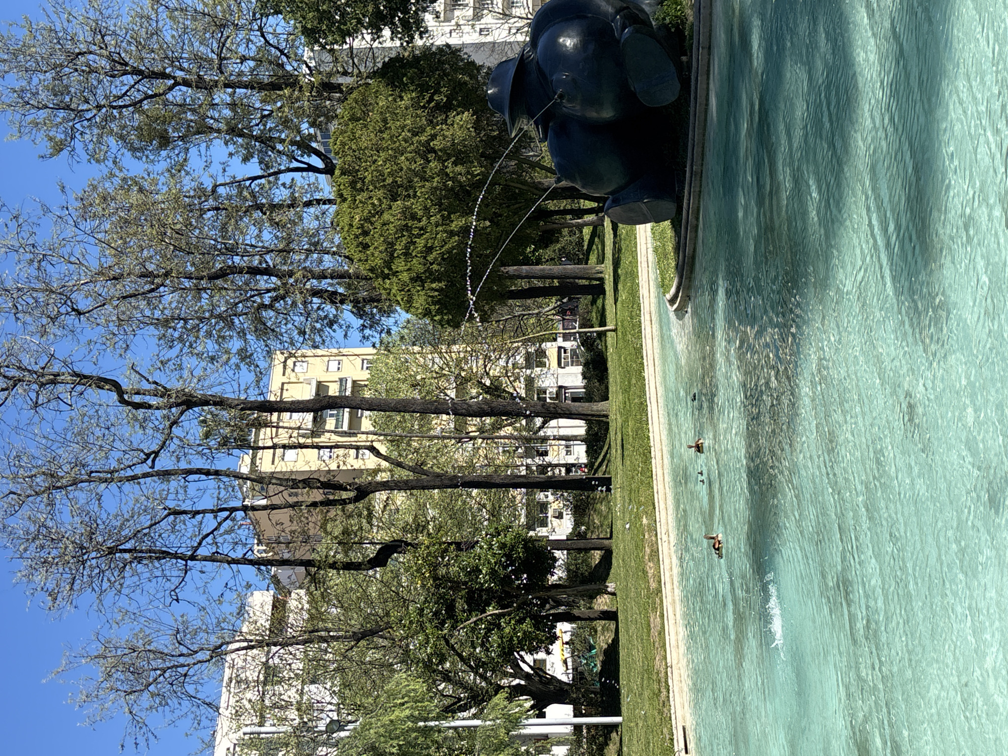 The image shows a fountain with a statue of a peeing boy in Lisbon, Portugal. The statue is positioned on the edge of the fountain, with water streaming out of it. The water in the fountain is a light blue color. Trees and buildings are visible in the background, and the sky is clear and blue. The picture appears to have been taken in a park. There are ducks visible in the fountain.