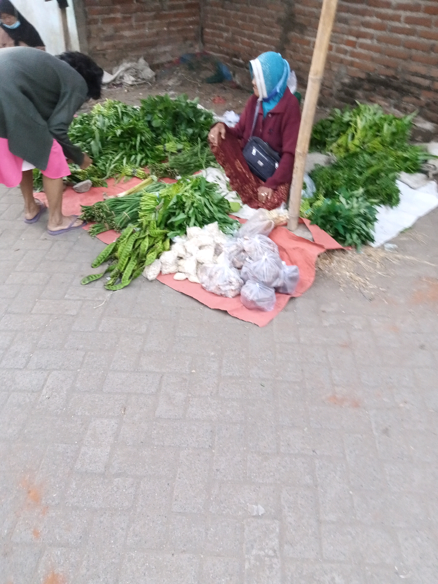 At a street market in Sono Ageng, Indonesia, a woman wearing a blue headscarf and a maroon jacket sits cross-legged on a red tarp, surrounded by an assortment of fresh produce. To her left, a woman in a dark jacket and pink skirt appears to be arranging or selling vegetables. The market stall is set up on a paved ground, with a brick wall visible in the background. The produce includes leafy greens like spinach or kale, bunches of green onions, and some unidentified vegetables that are bagged. A wooden pole stands vertically behind the seated woman, supporting the market setup. The scene captures a moment of daily commerce in the Indonesian town.