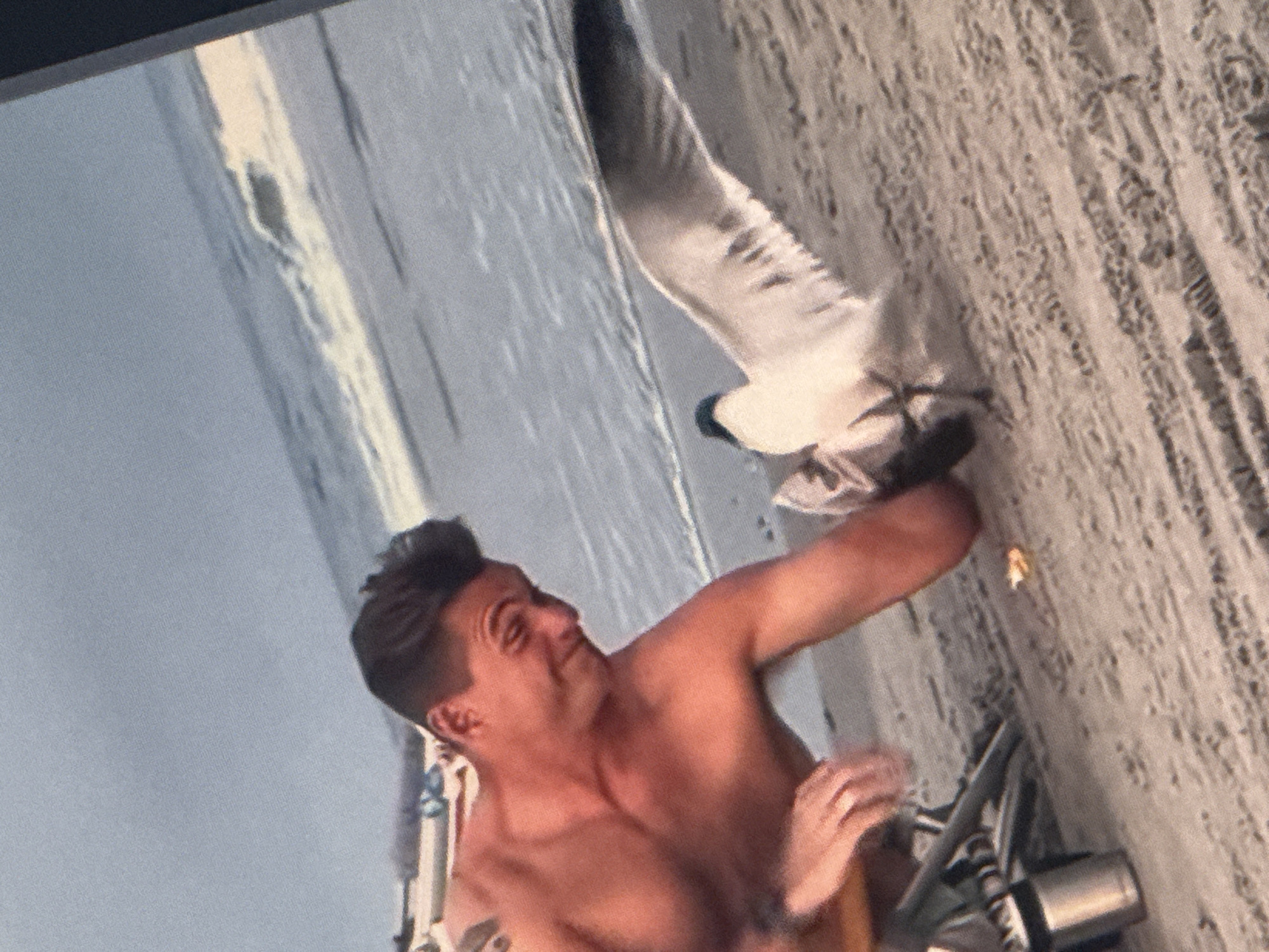 The image depicts a man and a seagull on a sandy beach. The man, shirtless and with dark hair, is leaning towards the seagull, which has its wings spread. There is a small object on the sand between them. The ocean and a shoreline are visible in the background, under an overcast sky. There is no indication of the city of Saratov, Russia, in this image.
