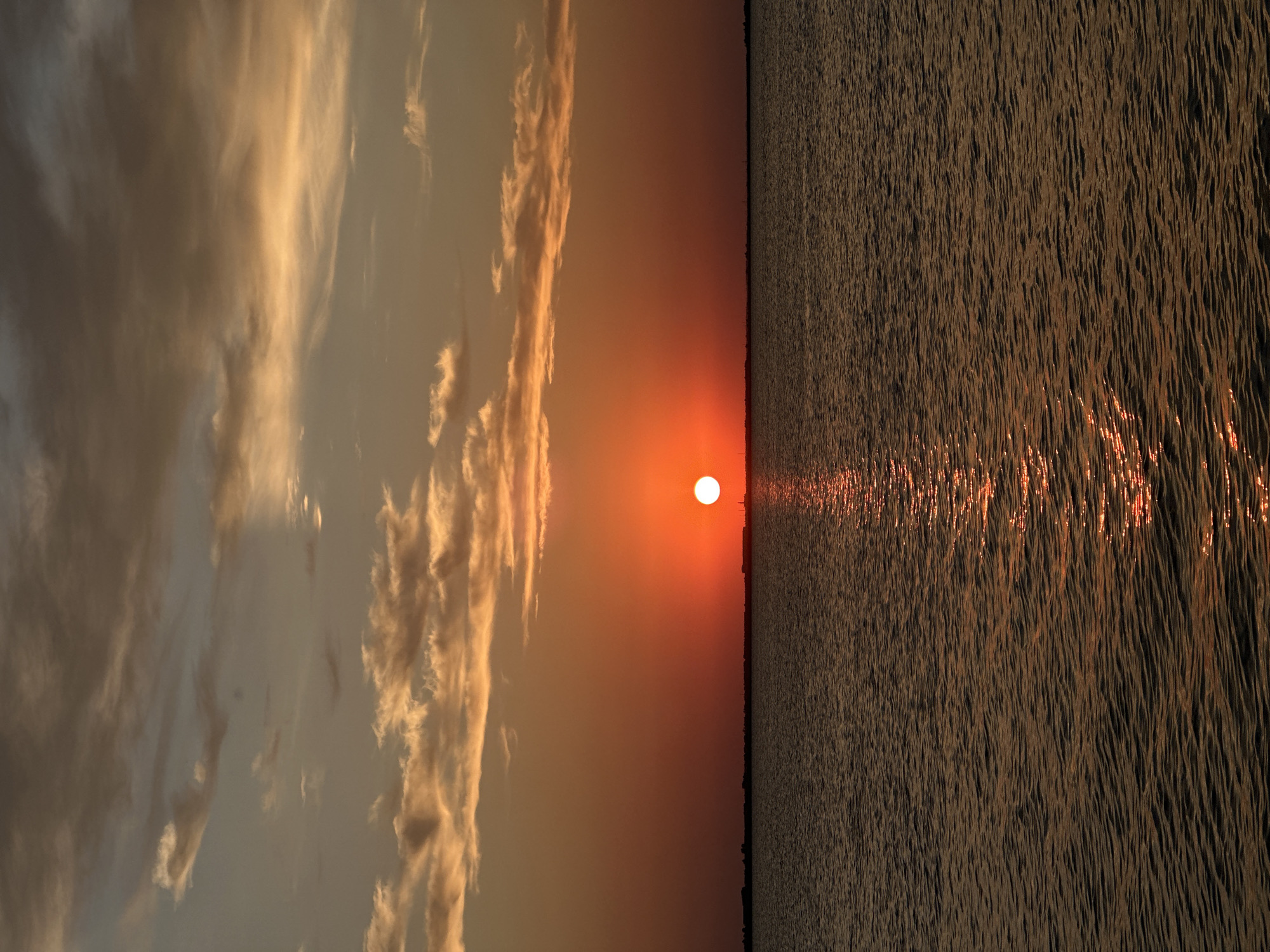 The image depicts a serene sunset over a body of water, likely a lake or sea. The sun, a bright orange orb, is low on the horizon, casting a warm glow across the sky. Wispy clouds, tinged with orange and yellow, stretch across the upper portion of the frame. The water below is calm, reflecting the colors of the sunset in shimmering streaks. A dark, indistinct line of land or buildings is visible along the horizon. There are no people or animals in the frame, and the scene is entirely natural.
The location in Kokshetau, Kazakhstan is not discernible from the image itself. The image is a generic landscape photograph of a sunset over water.
