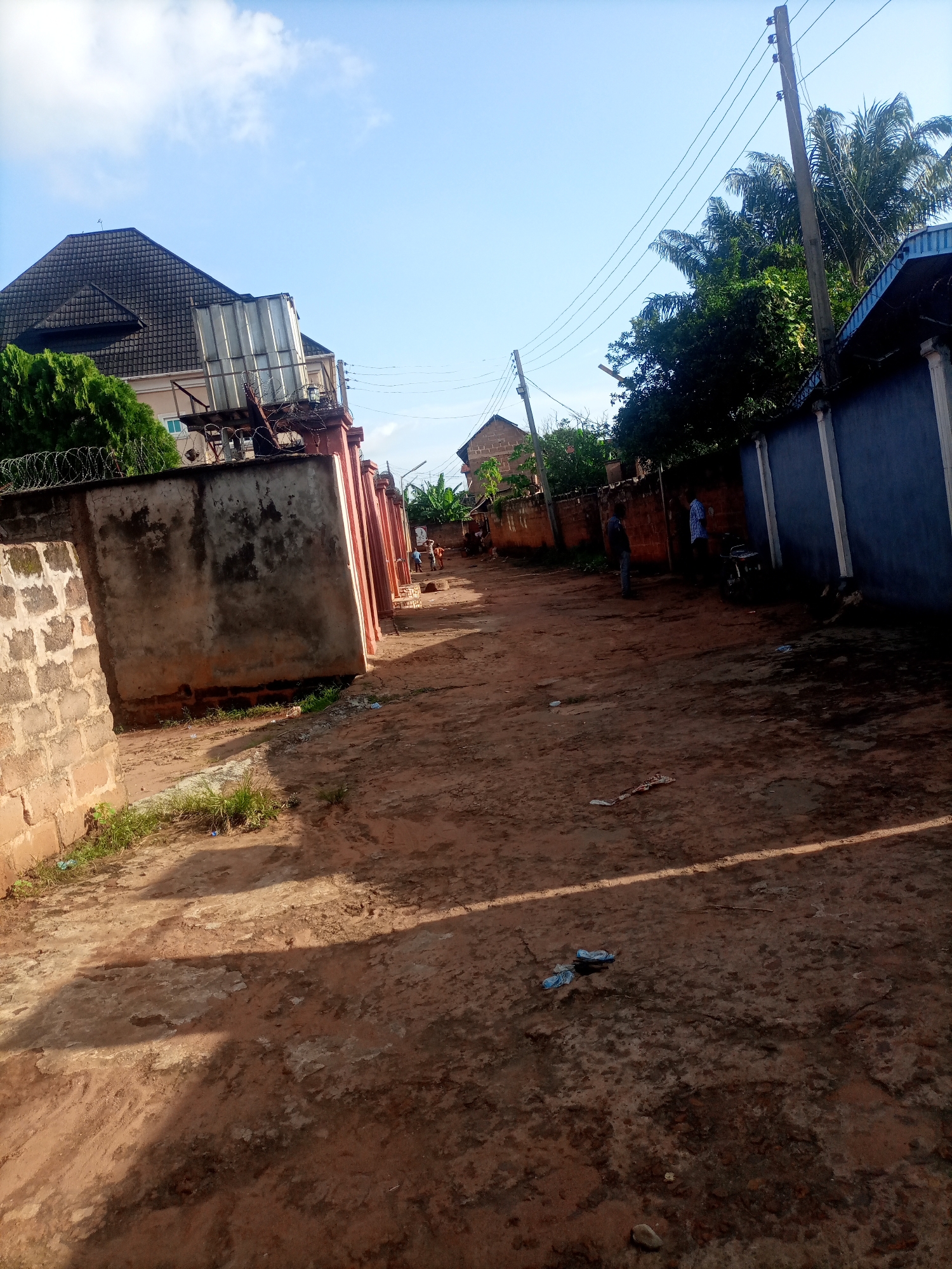 The media file depicts a street scene in Nkpor, Nigeria. The time of day appears to be late afternoon or early evening, as evidenced by the long shadows cast across the dirt road. The sky is clear with a few scattered clouds, suggesting fair weather.
The scene is characterized by a dirt road flanked by walls and buildings. On the left, a large, weathered concrete wall is prominent, with some brickwork visible at its base and barbed wire along its top. Behind this wall, a multi-story building with a dark, sloped roof and a large water tank on its upper level can be seen, partially obscured by a lush green tree.
To the right of the road, a series of walls line the property. The first is a reddish-brown brick wall, and further down, a tall, dark blue wall with white vertical accents. In the distance, more buildings are visible, as are several palm trees and other dense vegetation.
There are a few people present in the scene. Two individuals are standing near the blue wall, one of whom appears to be interacting with a stationary object, possibly a motorcycle or bicycle. Further down the road, near a reddish building, a few more figures are present, with some children playing.
The ground is a mix of reddish-brown dirt and patches of sparse grass. Scattered on the ground are a few pieces of litter, including some blue plastic bags. The overall impression is of a residential or commercial area within a Nigerian town, with elements of everyday life unfolding. No visible text is discernible in the media file.