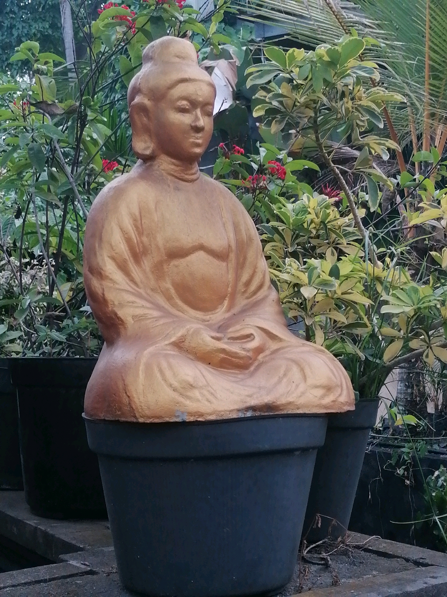 A golden-colored Buddha statue sits in a black planter pot, surrounded by lush green foliage and small red flowers. The statue is depicted in a seated meditation pose with its hands resting on its lap. The background consists of various plants, including palm leaves and smaller leafy bushes. Two other dark-colored planter pots are visible to the left and right of the main subject. The scene appears to be an outdoor setting, possibly a garden or nursery, in the Ubud District of Indonesia.