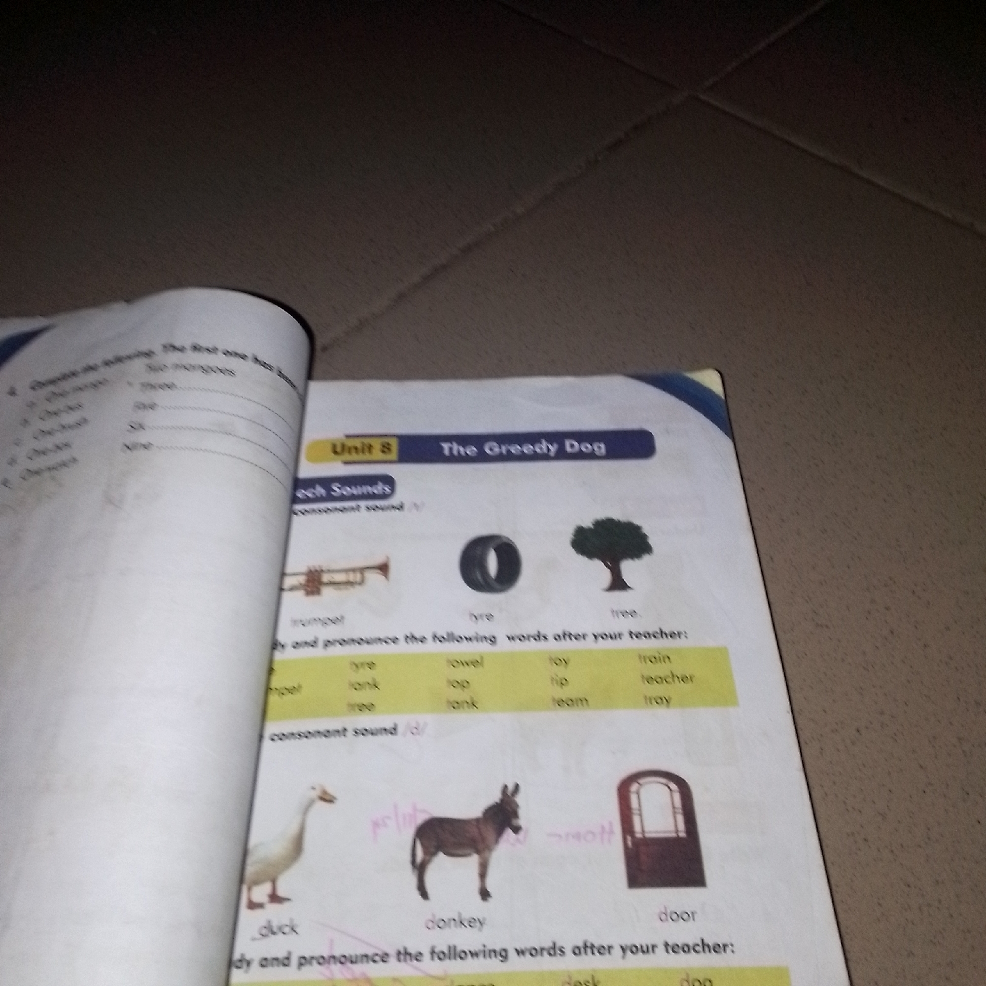 The image shows an open book with text and illustrations. The book is titled "Unit 8 The Greedy Dog". One page of the book contains a list of words to be pronounced, accompanied by images of a trumpet, a tire, and a tree. Another section of the page has images of a duck, a donkey, and a door, with accompanying text. The text on the left side of the open book appears to be a numbered list with checkboxes and handwritten answers. The book is placed on a textured surface, possibly a floor or a table, with a dark, possibly tiled or carpeted background. There are no people or animals visible in the scene other than the illustrations in the book. The lighting is dim, creating shadows. The location of Jalingo, Nigeria is not evident in the image.