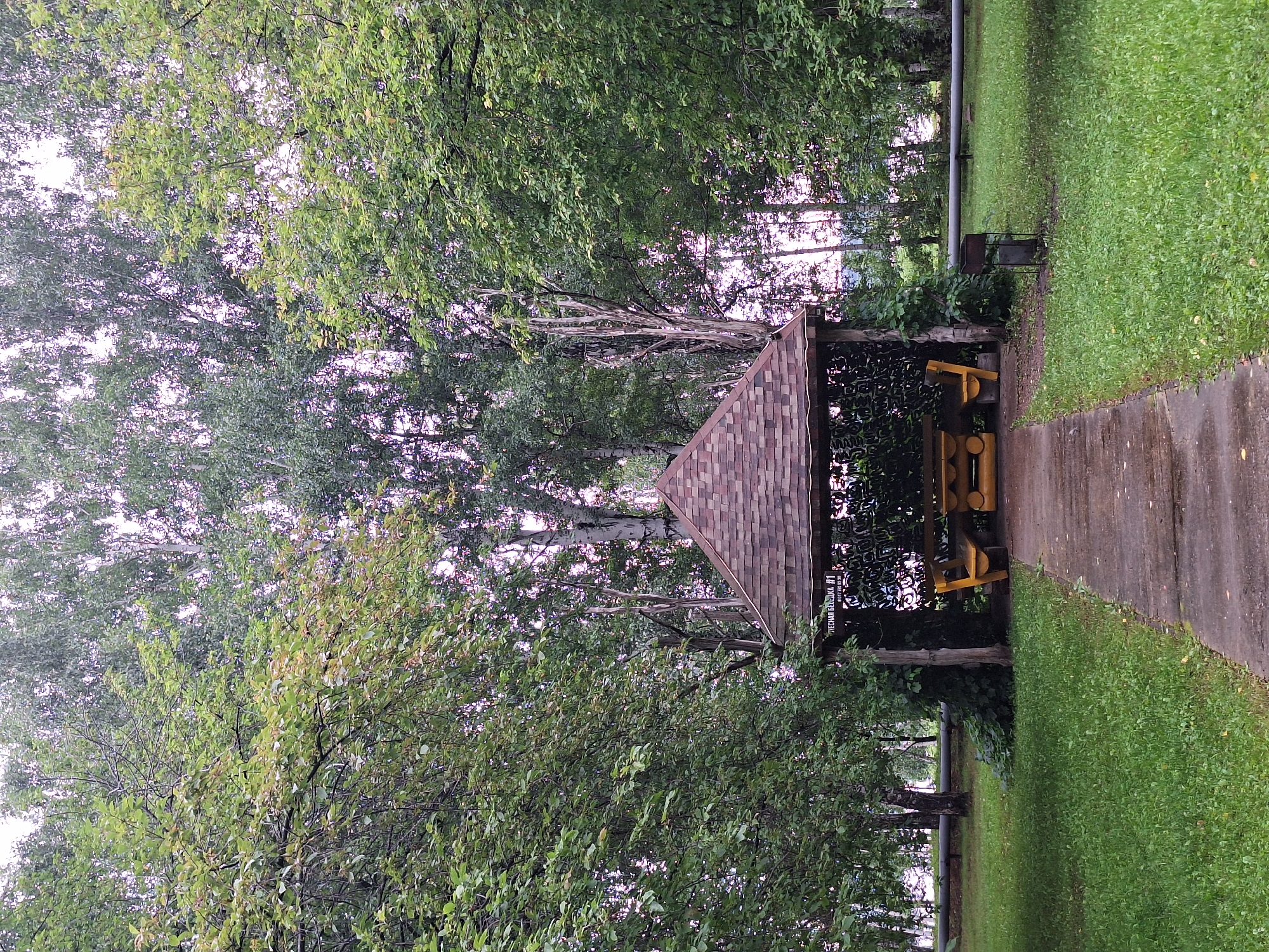 A gazebo with a brown shingled roof stands in a grassy area, surrounded by trees. A concrete path leads to the gazebo, which contains yellow picnic tables and benches. The gazebo has a decorative metal screen on its sides. A trash can and a barbecue grill are visible outside the gazebo. A pipe runs along the ground in the background, and more trees are visible beyond that. The sky is overcast. The location is confirmed to be in the city of Atamanovka, Russia.