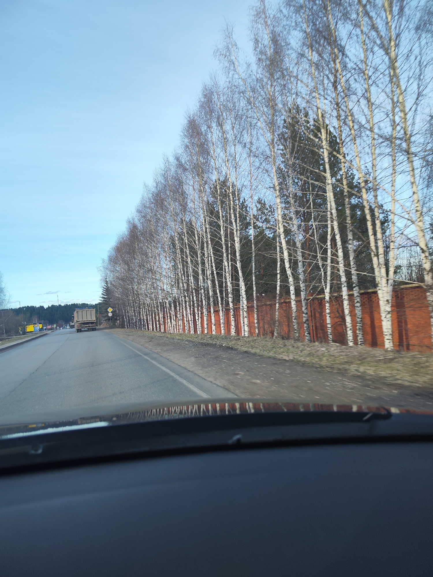 The image shows a view from inside a car driving on an asphalt road. A large truck is ahead in the same lane. To the right of the road, there is a row of birch trees alongside a red brick wall. Beyond the trees, there are taller evergreen trees in the background. The sky is light blue and clear. The car's dashboard is visible in the foreground. The location is Unknown, Unknown.