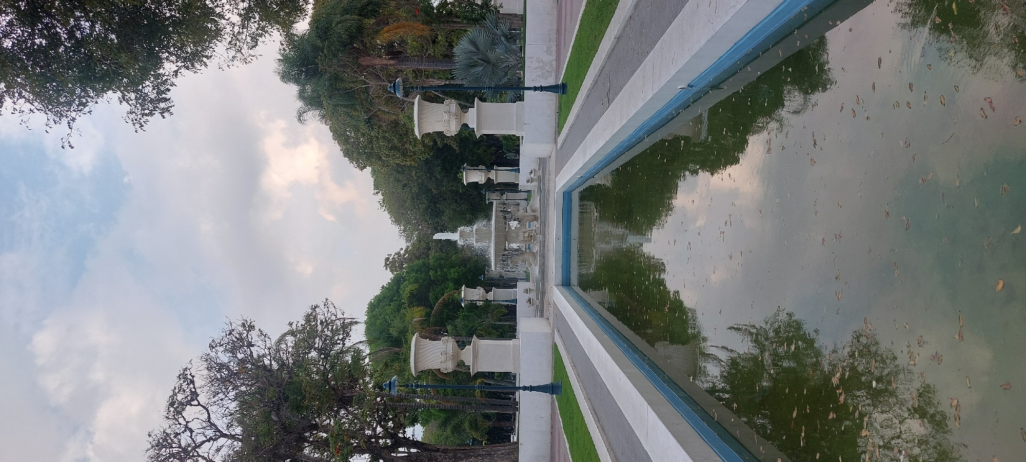 A long reflecting pool, with a bluish-green hue and littered with leaves, occupies the foreground and right side of the image. The water's surface reflects the sky and the trees. Along the left edge of the pool, there are alternating stripes of concrete and green grass, followed by a line of white decorative urns on pedestals, illuminated by tall, dark lampposts. In the background, trees and a fountain are visible. The location is Caracas, Venezuela.