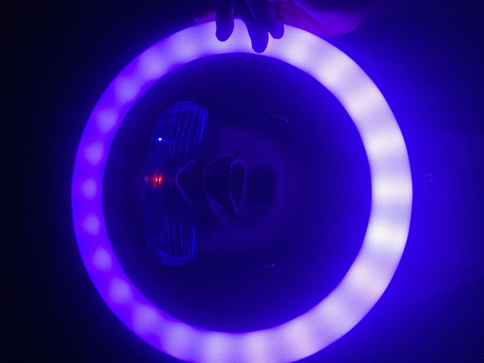A circular LED ring light illuminates a dark scene. Inside the ring, there is a blurred subject, possibly a face, along with a small fan with visible grill lines, a red light, and a blue light. A hand with fingers extended appears at the top of the ring. The background is dark, possibly a room with low lighting. The scene appears to be indoor, with no indication of the location being Maigizo, Nigeria.
