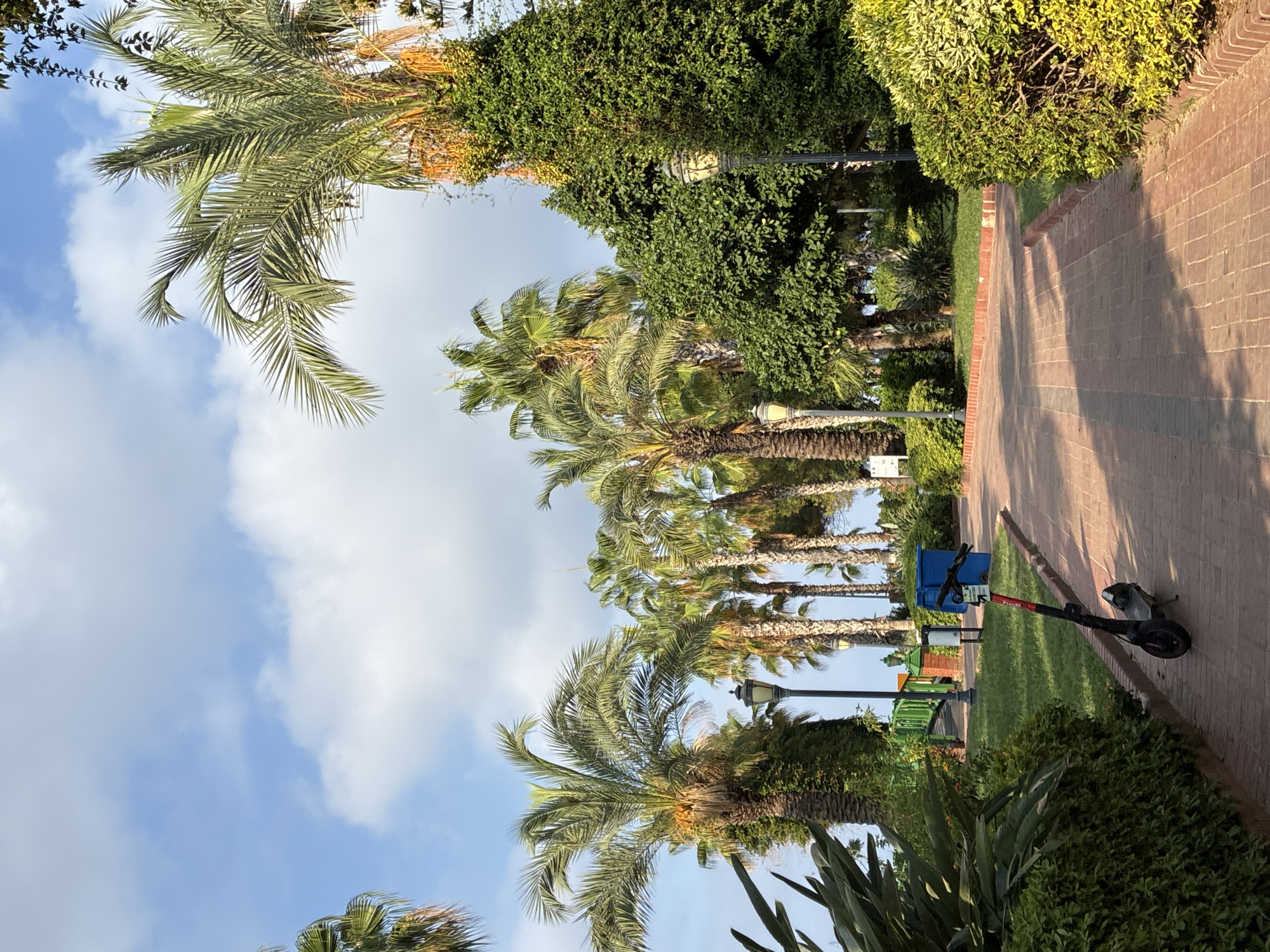 The image depicts a sunlit park in Alanya, Turkey, featuring a brick pathway winding through lush greenery and tall palm trees. In the foreground, a black and red electric scooter stands on the pathway. The path is bordered by meticulously manicured bushes and grass. Several lampposts are visible, one of which is a prominent feature beside a large, ivy-covered tree. In the background, a small green bridge and blue trash bins are present. The sky above is a clear blue, dotted with fluffy white clouds, suggesting a pleasant day. The overall scene conveys a sense of tranquility and natural beauty.