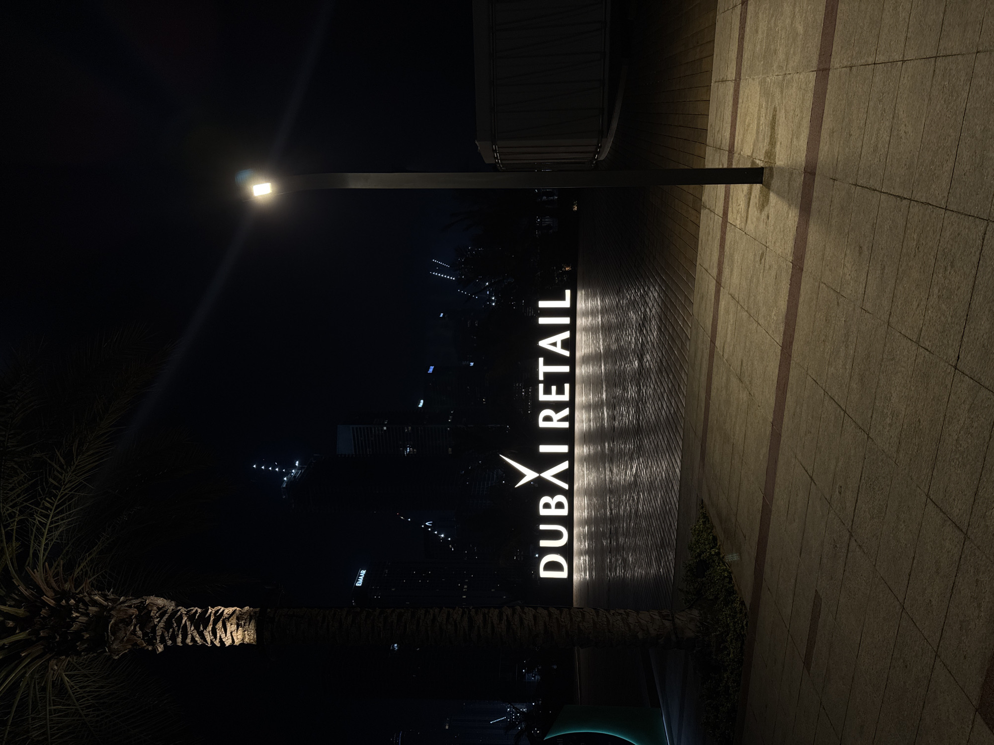 At night, the "DUBAI RETAIL" sign is prominently displayed, lit up against the backdrop of the Dubai skyline. A streetlamp casts light on the scene. The sign is positioned next to a sidewalk paved with rectangular stones. A palm tree is visible to the left.