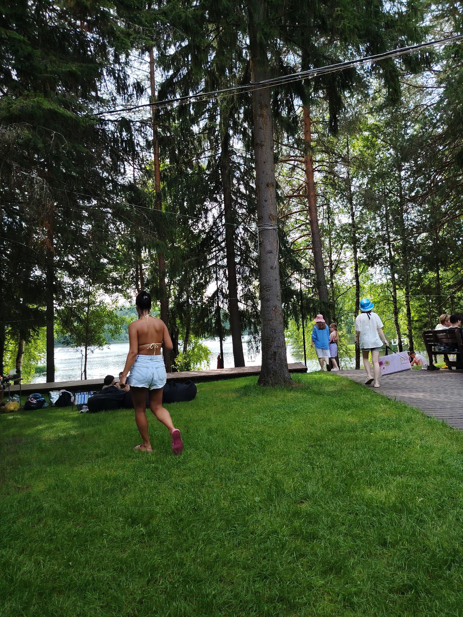 The image depicts a summer scene at a waterfront location, likely a park or recreation area, near the city of Vyltydor, Russia. In the foreground, a woman with dark hair tied back is walking away from the camera on a grassy area. She is wearing a light-colored bikini top and denim shorts. To her left, several large black beanbag chairs are arranged on the grass, along with other items like bags and a cooler.
Further back, a wooden boardwalk runs along the edge of the water. Several people are visible on the boardwalk and the grassy area next to it. Two young girls in summer clothing are walking towards the water, one wearing a blue top and a pink hat, the other a purple and white dress. Behind them, a person in a white top and a blue hat is walking with a light purple bag with a floral pattern. To the far right, a group of people are seated on a wooden bench, and others are near them.
The environment is characterized by a body of water, a dense collection of tall evergreen trees, and a clear sky with some clouds. The overall impression is one of a relaxed outdoor gathering by the water on a warm day.