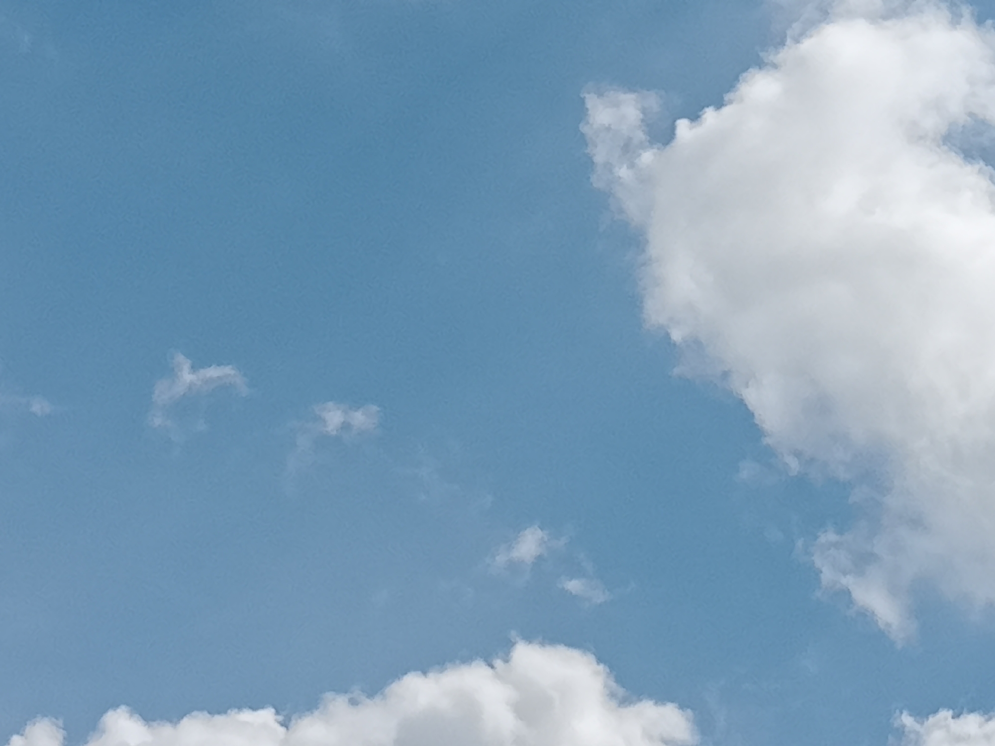 The image is a close-up, low-angle shot of a bright blue sky filled with scattered white clouds. The clouds are fluffy and varied in size, with some appearing larger and more defined while others are wispy and thin. The lighting suggests a daytime scene, likely with sunlight filtering through the atmosphere, creating soft shadows and highlights on the cloud formations. There are no discernible landmarks or objects within the frame that would specifically place it in Simo, Indonesia, as the image solely captures the sky.