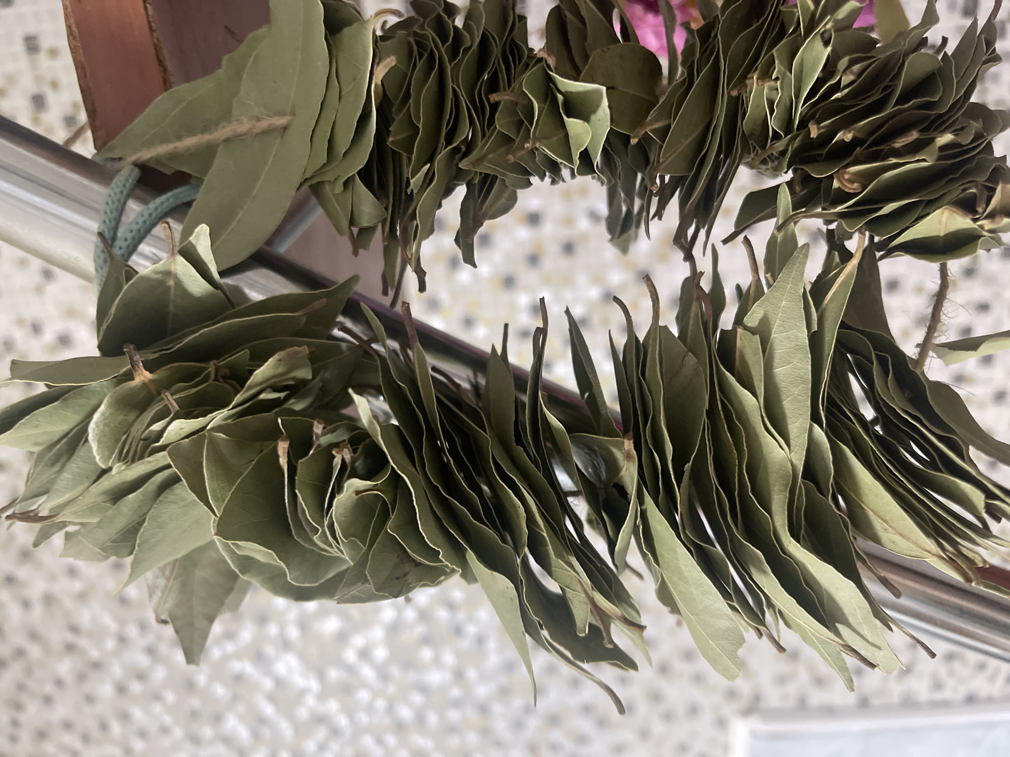 This is a close-up, eye-level shot of two strands of dried bay leaves hanging vertically. The leaves are green and appear to be strung together with twine, forming garlands. They are suspended from what looks like a metal rod, possibly part of a drying rack or a railing. The background is blurred but shows a tiled or speckled surface, suggesting an indoor environment. There is no indication of the city of Марковский, Russia in the image.
