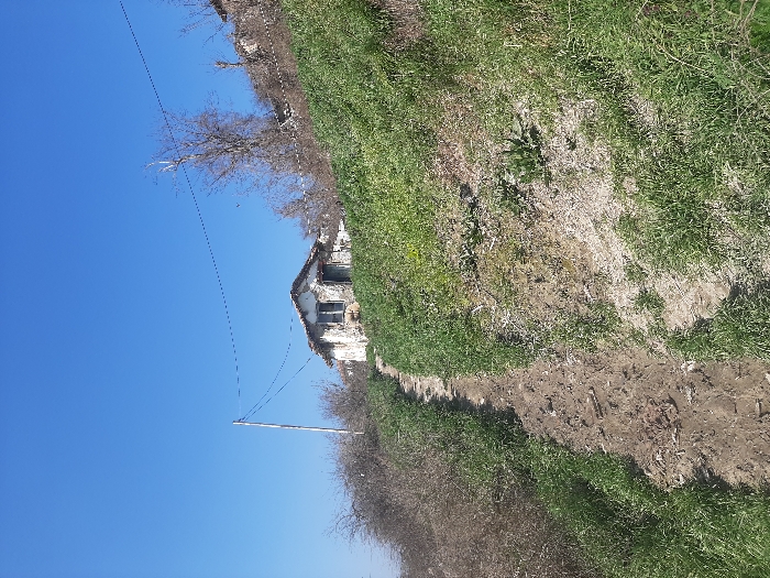 The scene depicts a rural, uphill landscape in Ivanski, Bulgaria, under a clear blue sky. A narrow, unpaved dirt path ascends diagonally from the lower foreground towards the upper left. Green grass covers the immediate slopes on both sides of the path, with denser growth on the right. To the left of the path, thorny, bare shrubbery is visible. In the middle ground, situated on the slope, is an old, single-story structure, likely a house, exhibiting crumbling white plaster walls that reveal underlying stone or brick. It has a dark, possibly tiled, gabled roof and features two open window apertures and an open doorway on its visible facade, revealing dark interior spaces. A bare deciduous tree stands behind and to the right of the house. To the left of the house, a wooden utility pole stands upright, supporting two taut, thin wires that extend horizontally across the sky, passing over the house. No individuals or animals are present.