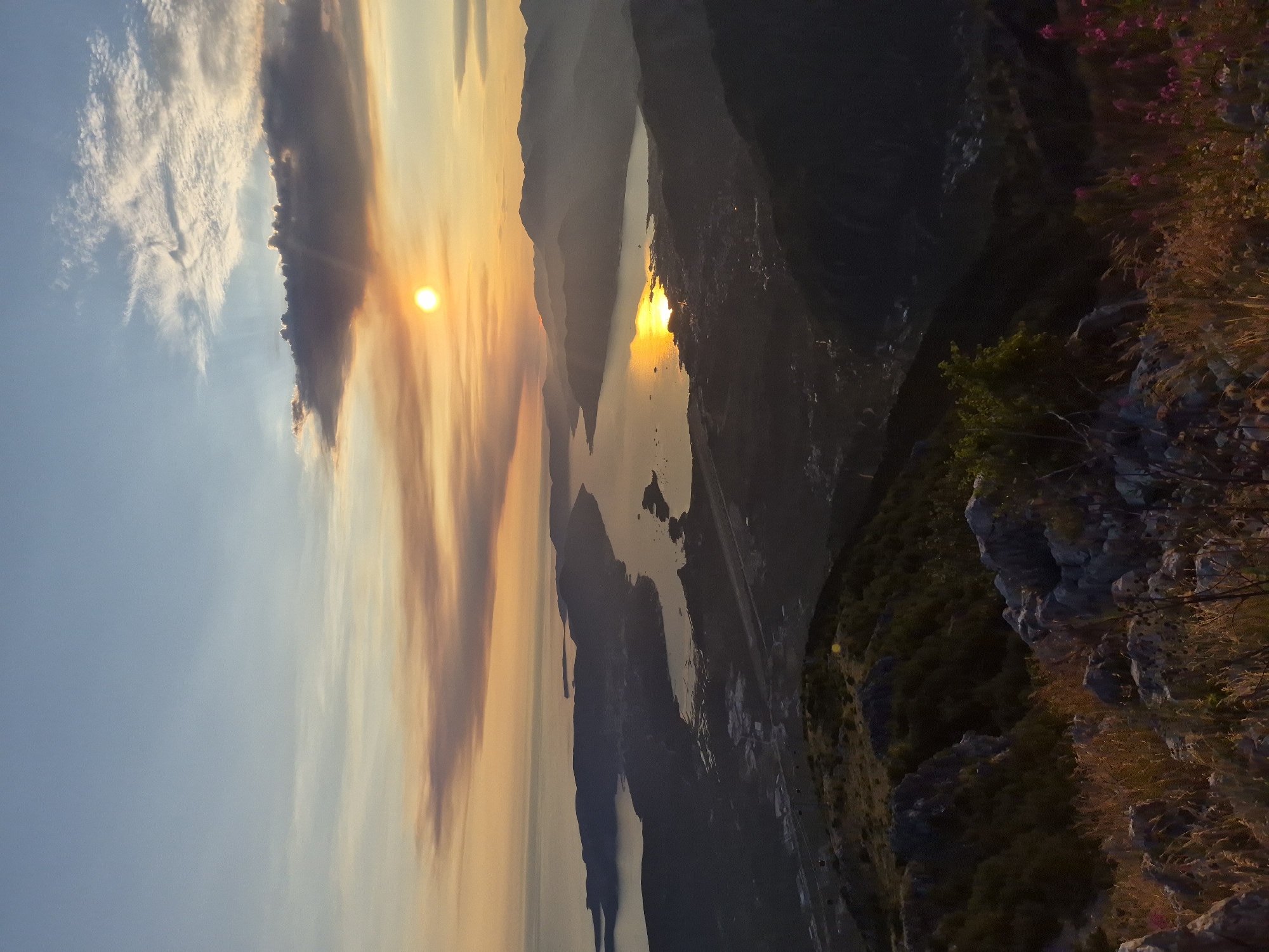 The image captures a panoramic sunset view from the mountains overlooking the Bay of Kotor near the town of Kuk, Montenegro. The sun, a bright orb, is low on the horizon, casting a golden glow across the water and the sky. Wispy clouds streak across the blue sky, tinged with orange and pink from the setting sun. The bay itself is a shimmering expanse of water, reflecting the vibrant colors of the sunset. Along the edges of the bay, lush green mountains rise, dotted with small towns and villages. In the foreground, the rocky, rugged terrain of the mountains is visible, with dry grasses and a few purple flowers adding touches of color. The scene conveys a sense of peace and natural beauty.