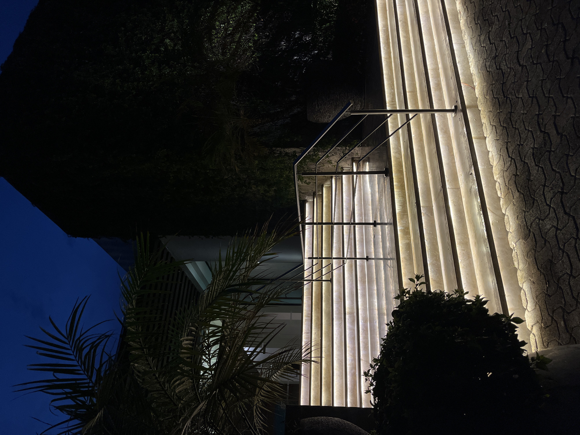 The image shows an exterior view at night, possibly in Playa del Carmen, Mexico. The left side of the frame contains foliage including what appear to be palm fronds against a deep blue sky. The right side of the frame features a facade of vertical illuminated panels. A metal staircase and handrail are positioned in front of these panels. A dark, textured wall is visible next to the illuminated panels. A dark bush or shrub is located at the base of the facade. The scene is generally dim, relying on the artificial lighting to illuminate the architectural elements.