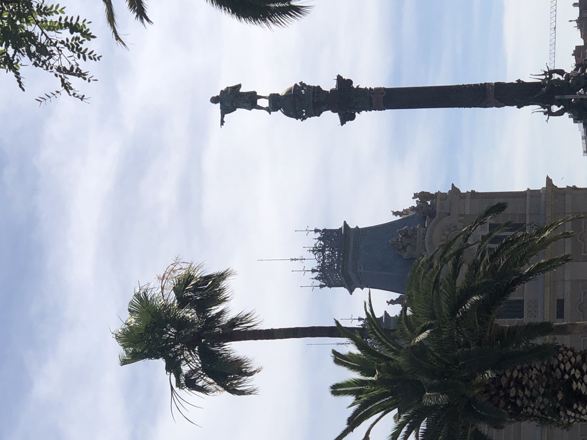 In an urban setting beneath a partly cloudy sky, a tall, slender monument with a statue of a man pointing to the left stands prominently. The monument is adorned with intricate carvings and sits on a multi-tiered base. To the left of the monument, a dark-colored building with a distinctive roof featuring ornate spires and a grey-blue color is visible, partially obscured by palm trees. In the foreground and to the left, the fronds of a large palm tree dominate the lower portion of the frame, with its textured trunk visible. Another palm tree with a taller, thinner trunk rises behind the building. In the upper right of the image, green foliage from a tree hangs into the frame. The overall scene suggests a sunny day in a city with architectural landmarks and tropical vegetation.